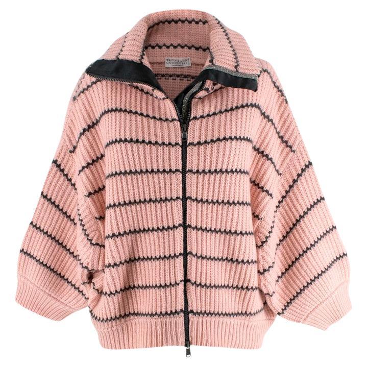 Brunello Cucinelli Pastel Pink Cashmere Striped Zip Up Jacket For Sale