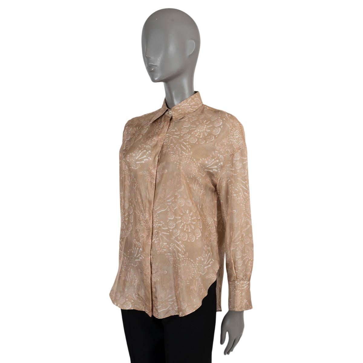 100% authentic Brunello Cucinelli floral silk (100%) shirt in pale pink, brown and ivory. Closes with concealed front button. Has been worn and is in excellent condition. 

Measurements
Tag Size	XS
Size	XS
Shoulder Width	50cm (19.5in)
Bust
