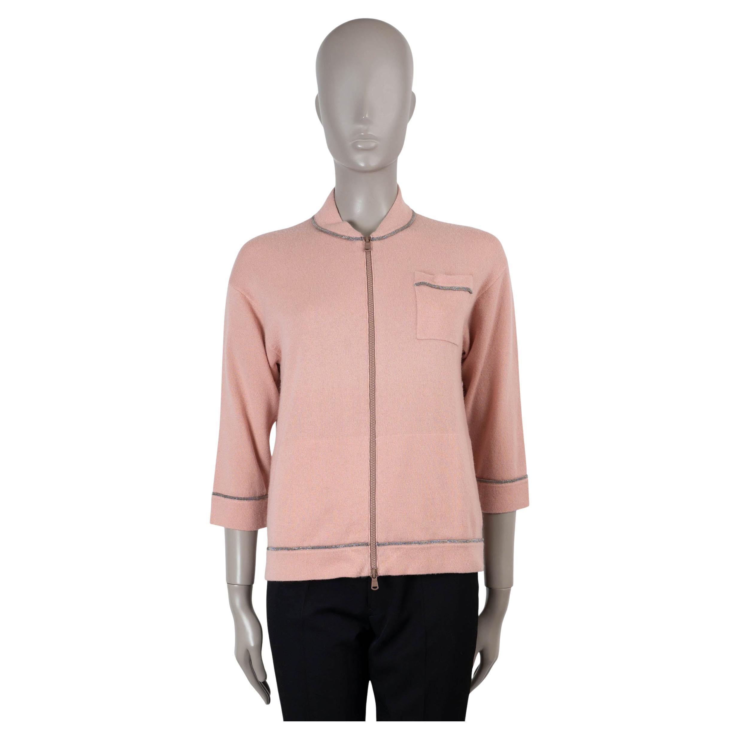 BRUNELLO CUCINELLI pink cashmere 2015 MONILI ZIP Cardigan Sweater S