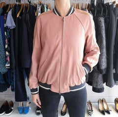 Brunello Cucinelli Pink Lambskin Leather Bomber Jacket with Gold Stripe - 6