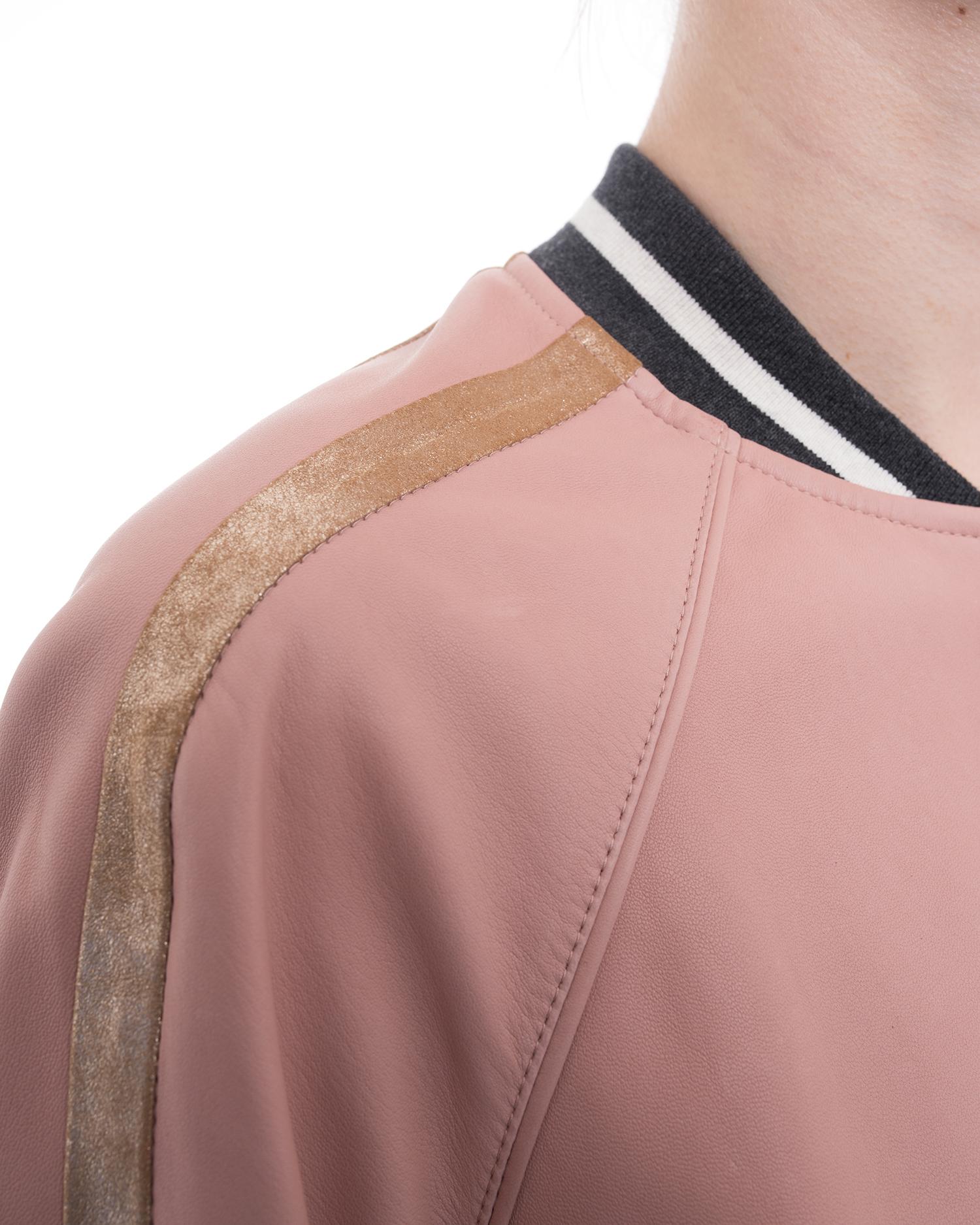 Beige Brunello Cucinelli Pink Lambskin Leather Bomber Jacket with Gold Stripe - 6