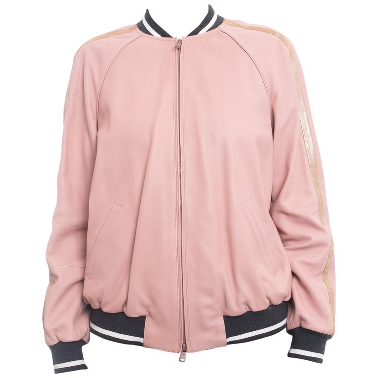 Brunello Cucinelli Pink Lambskin Leather Bomber Jacket with Gold Stripe ...