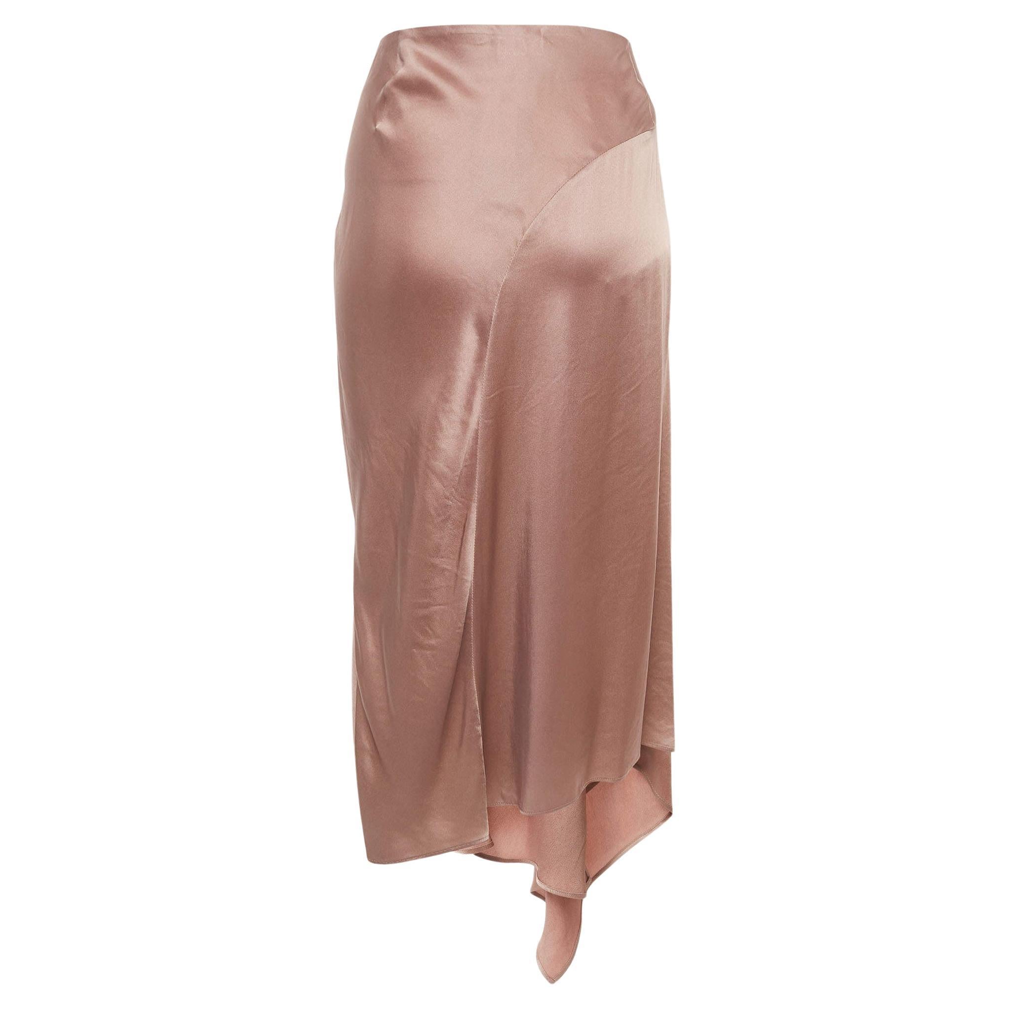Brunello Cucinelli Pink Satin Asymmetric Midi Skirt L For Sale