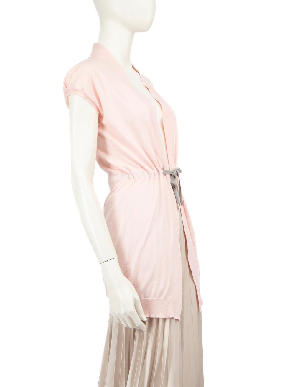 CONDITION is Verygood. Minimal wear to the cardigan is evident. Discolouration on the front right and back. Stitch repair on the front left of this used Brunello Cucinelli designer resale item.



Details


Pink

Cotton

Knit cardigan

Short