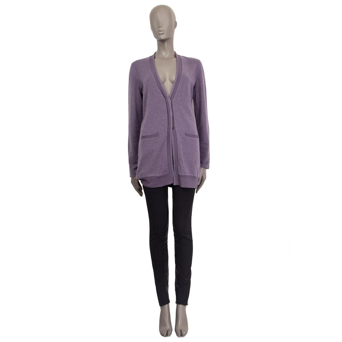 100% authentic Brunello Cucinelli long-cut cardigan in smokey purple cashmere (100%) with detail in rib. Adjustable canvas belt in the back. Has been carried and is in excellent condition.

Measurements
Tag Size	L
Size	L
Shoulder Width	37cm