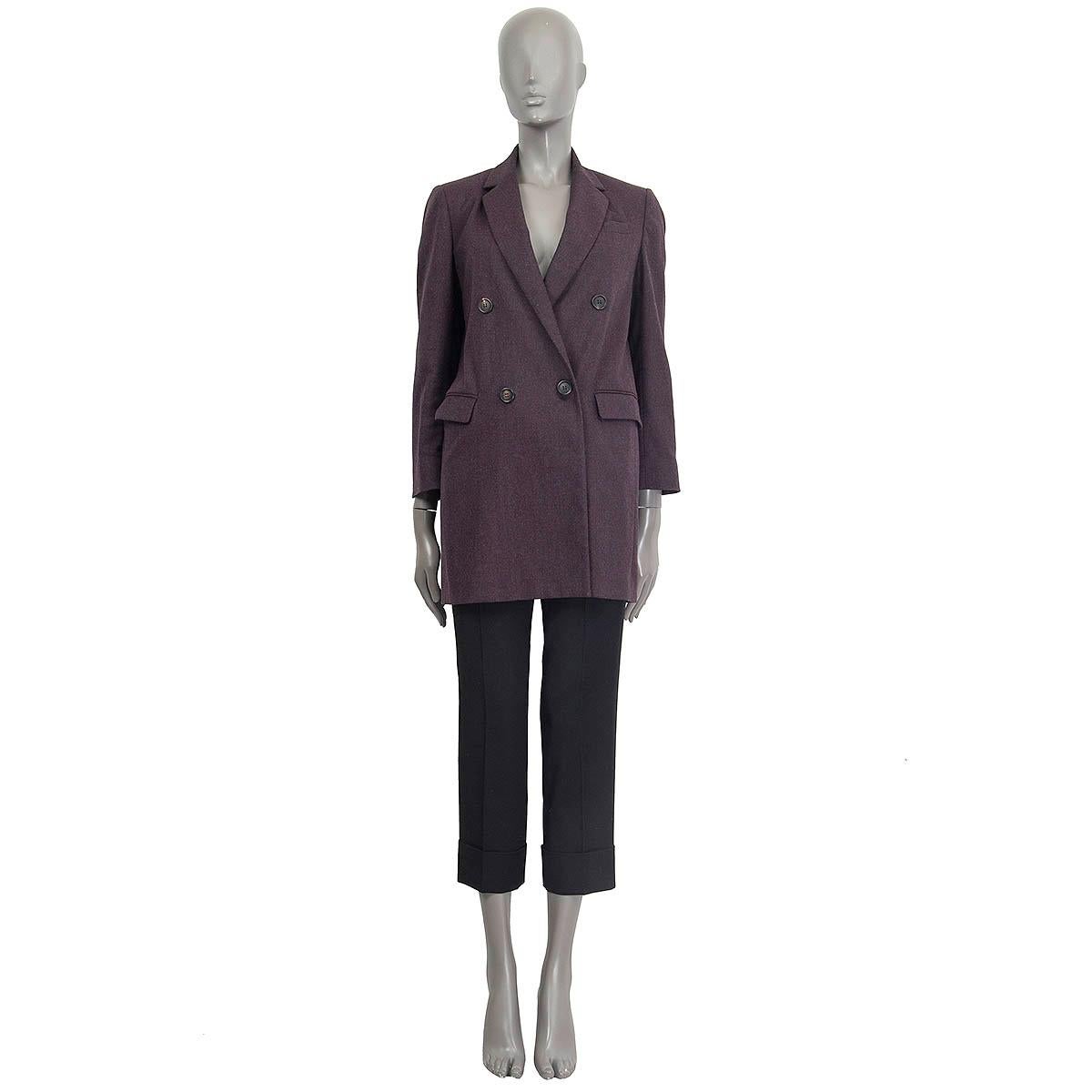 100% authentic Brunello Cucinelli double breasted blazer in eggplant cotton (49%), wool (48%), nylon (2%) and elastane (1%). Features padded shoulders and two flap pockets. Opens with two buttons on the front. Lined in black acetate (74%) and silk