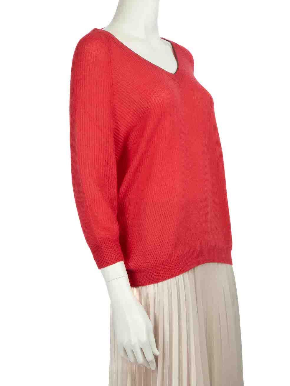 CONDITION is Very good. Hardly any visible wear to jumper is evident on this used Brunello Cucinelli designer resale item.
 
 
 
 Details
 
 
 Red
 
 Synthetic
 
 Knit jumper
 
 V-neck
 
 Beaded neckline
 
 Long sleeves
 
 
 
 
 
 Made in Italy
 
 
