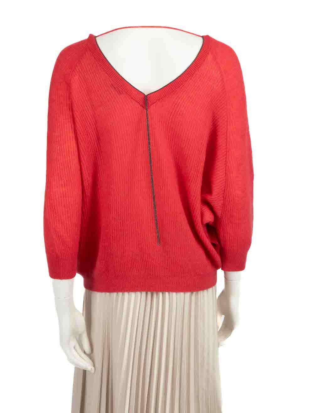 Brunello Cucinelli Red Beaded V-Neck Jumper Size XS In Good Condition For Sale In London, GB