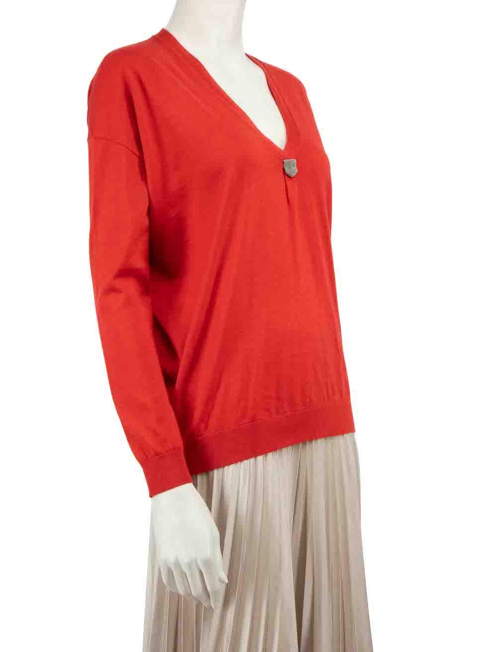 CONDITION is Very good. Hardly any visible wear to cardigan is evident on this used Brunello Cucinelli designer resale item.
 
 
 
 Details
 
 
 Red
 
 Cashmere
 
 Knit top
 
 V-neck
 
 Long sleeves
 
 Beaded embellishment
 
 
 
 
 
 Made in Italy
