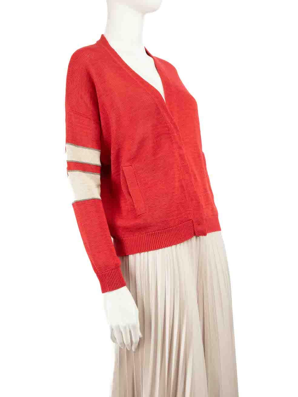CONDITION is Very good. Hardly any visible wear to cardigan is evident on this used Brunello Cucinelli designer resale item.
 
 Details
 Red
 Cotton
 Knit cardigan
 Sleeve beige stripe detail
 Beaded embellished
 Snap button fastening
 V-neck
 2x