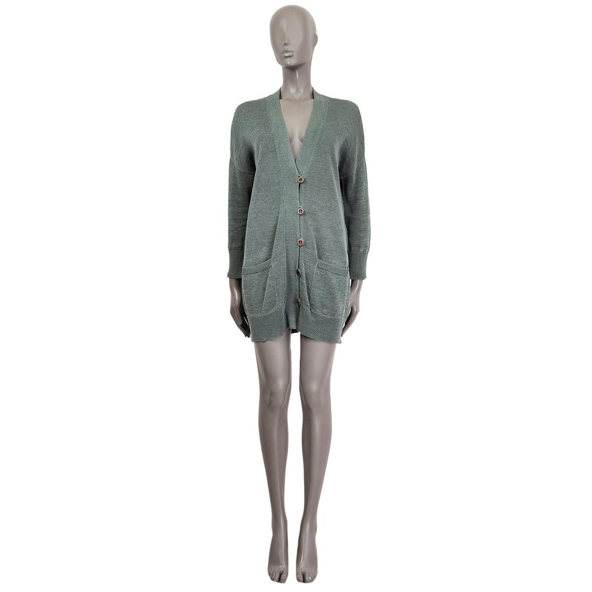 100% authentic Brunello Cucinelli long cardigan in sage cotton (100%) with a v-neck. Closes on the front with buttons. Unlined. Has been worn and is in excellent conditiion. 

Measurements
Tag Size	XS
Size	XS
Shoulder Width	40cm (15.6in)
Bust	118cm