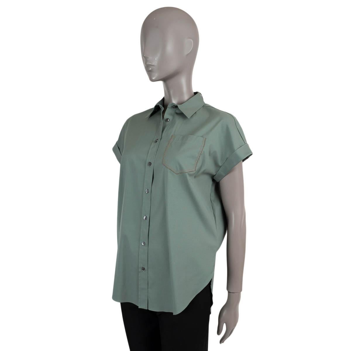 100% authentic Brunello Cucinelli poplin shirt in sage green cotton (72%), polyamide (23%) and elastane (5%). Features Monili trimmed open checst pocket and short raglan sleeves (sleeve measurement taken from the neck). New with
