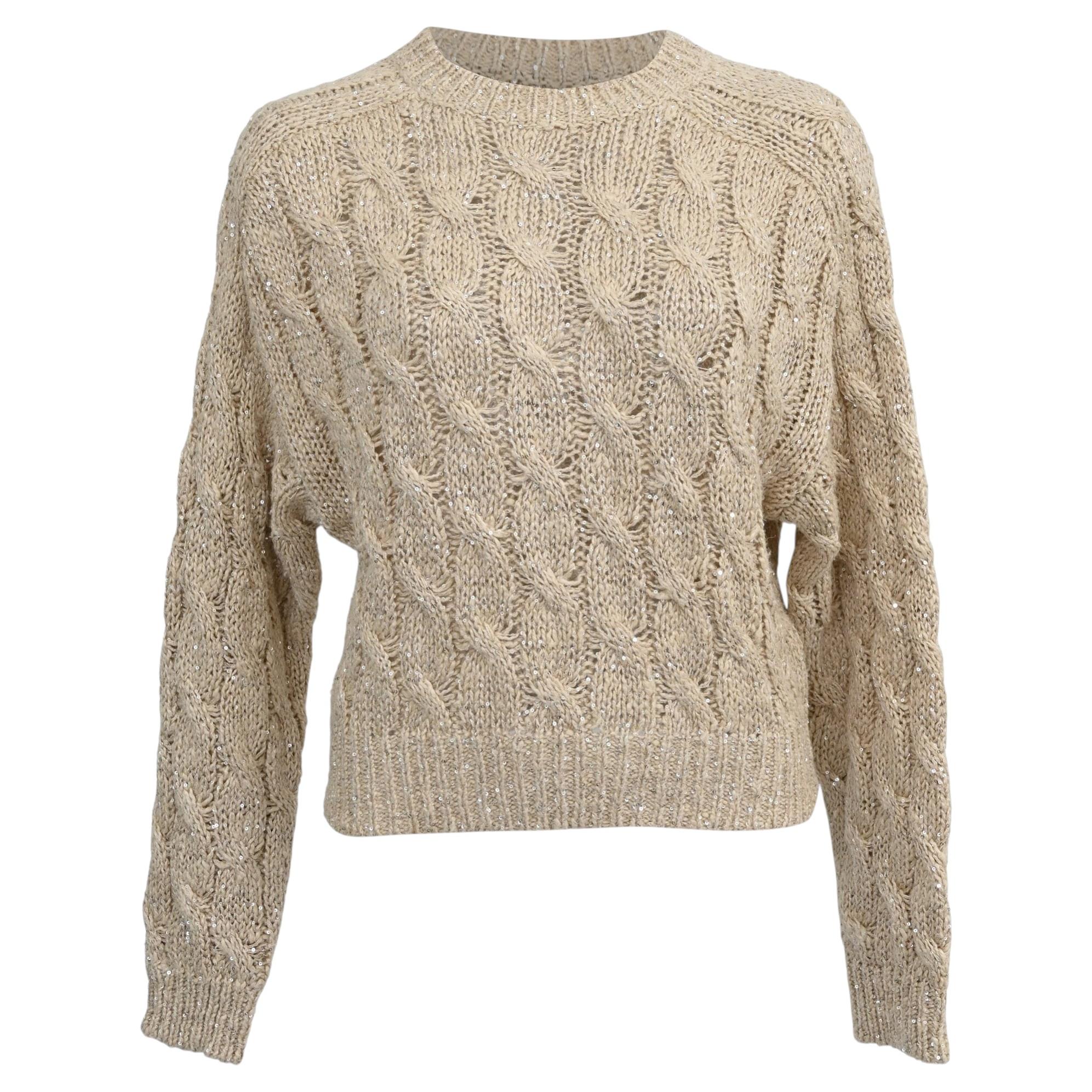 Pull Brunello Cucinelli à mailles torsadées et paillettes, en soie et lin beige