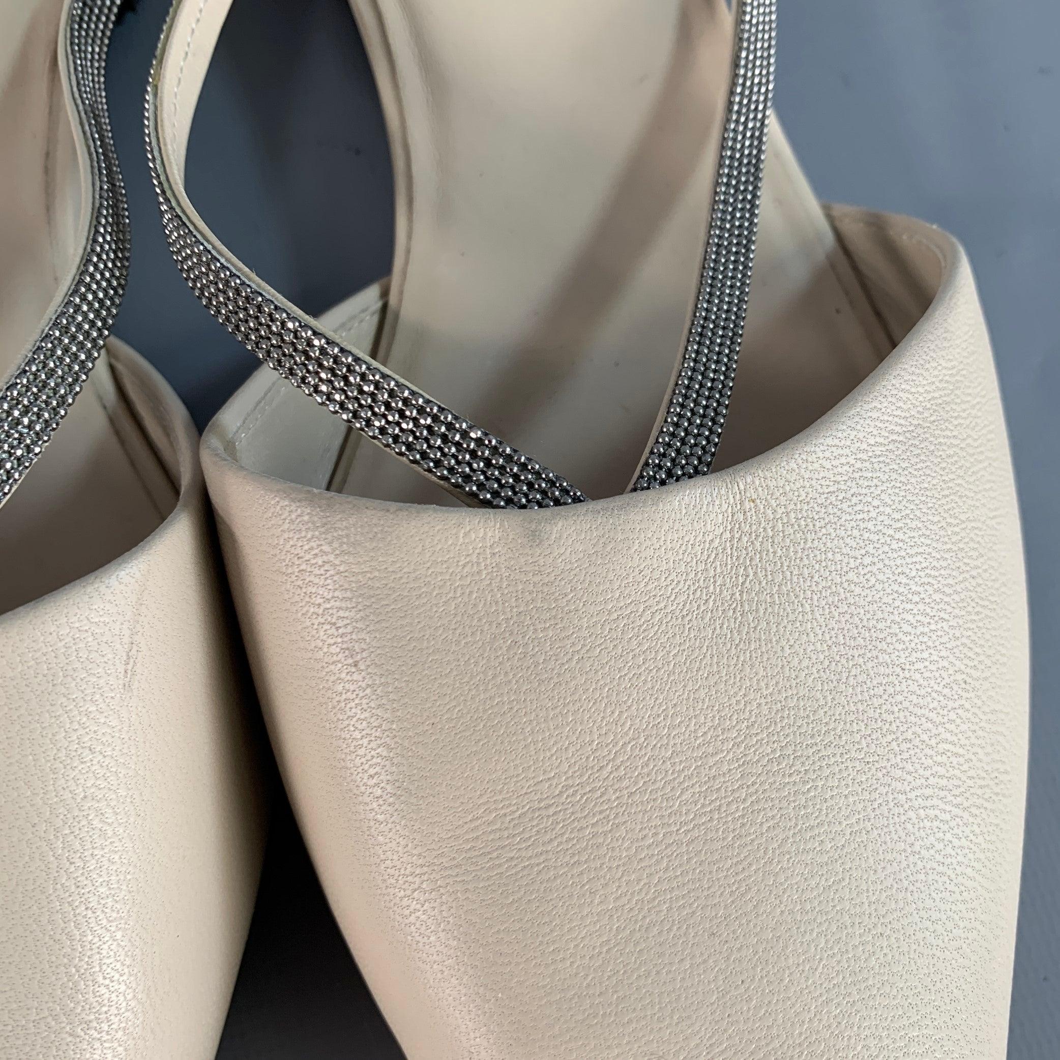 BRUNELLO CUCINELLI Size 10 Beige Silver Leather Monili Slip On Flats en vente 6