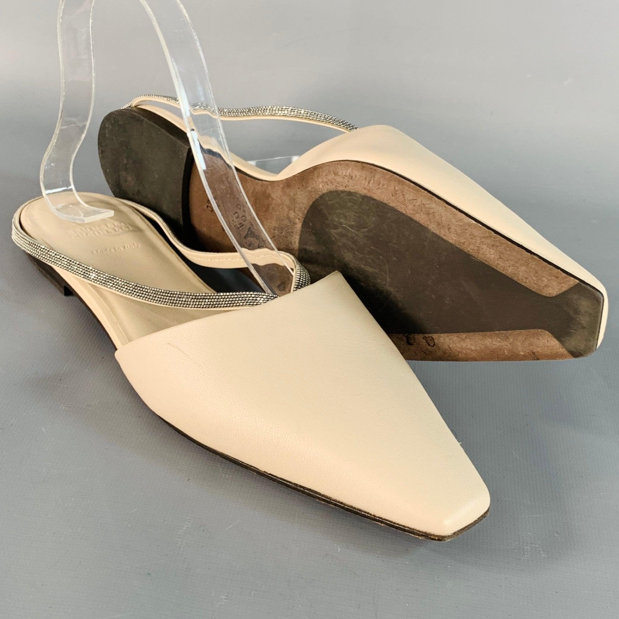 BRUNELLO CUCINELLI Size 10 Beige Silver Leather Monili Slip On Flats en vente 1