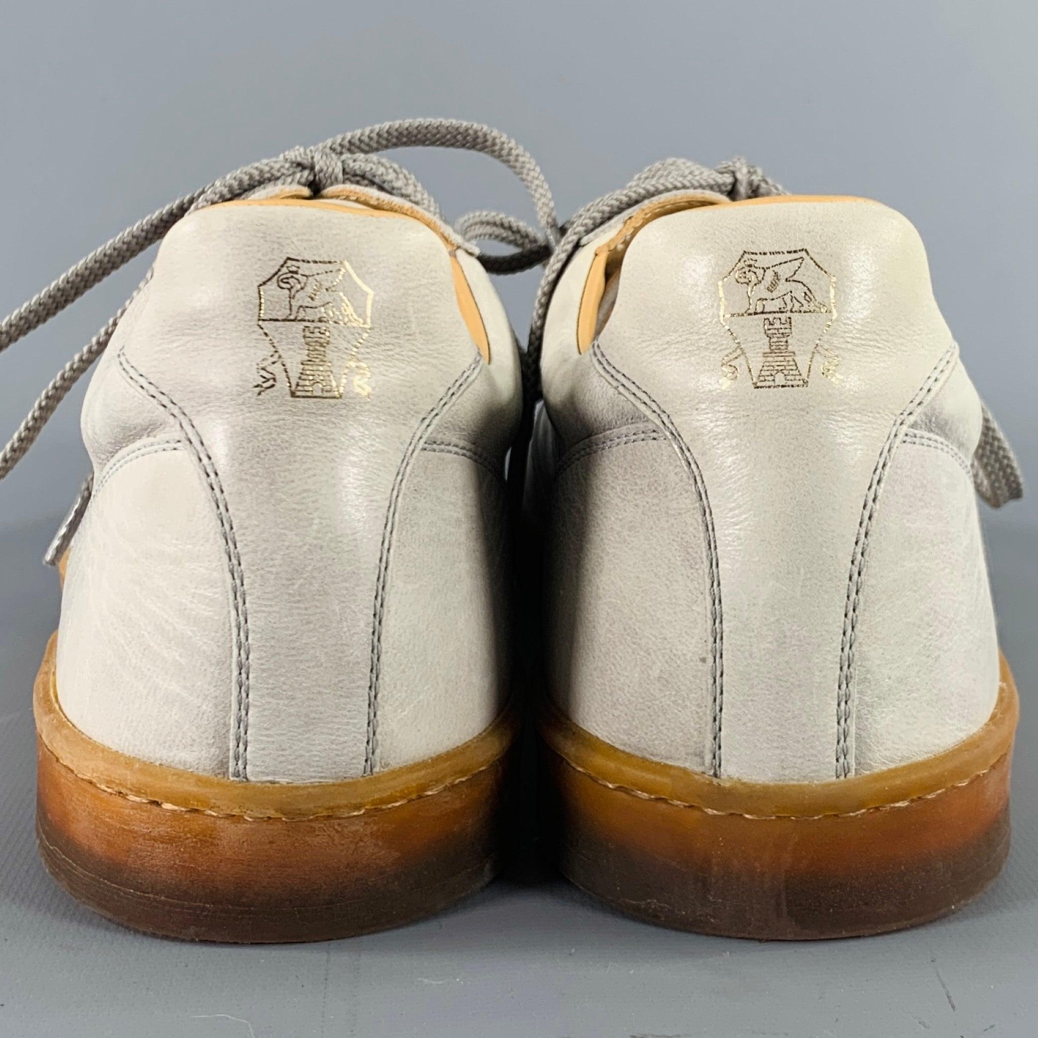 Beige BRUNELLO CUCINELLI Size 10 Grey Tan Leather Lace-Up Sneakers For Sale