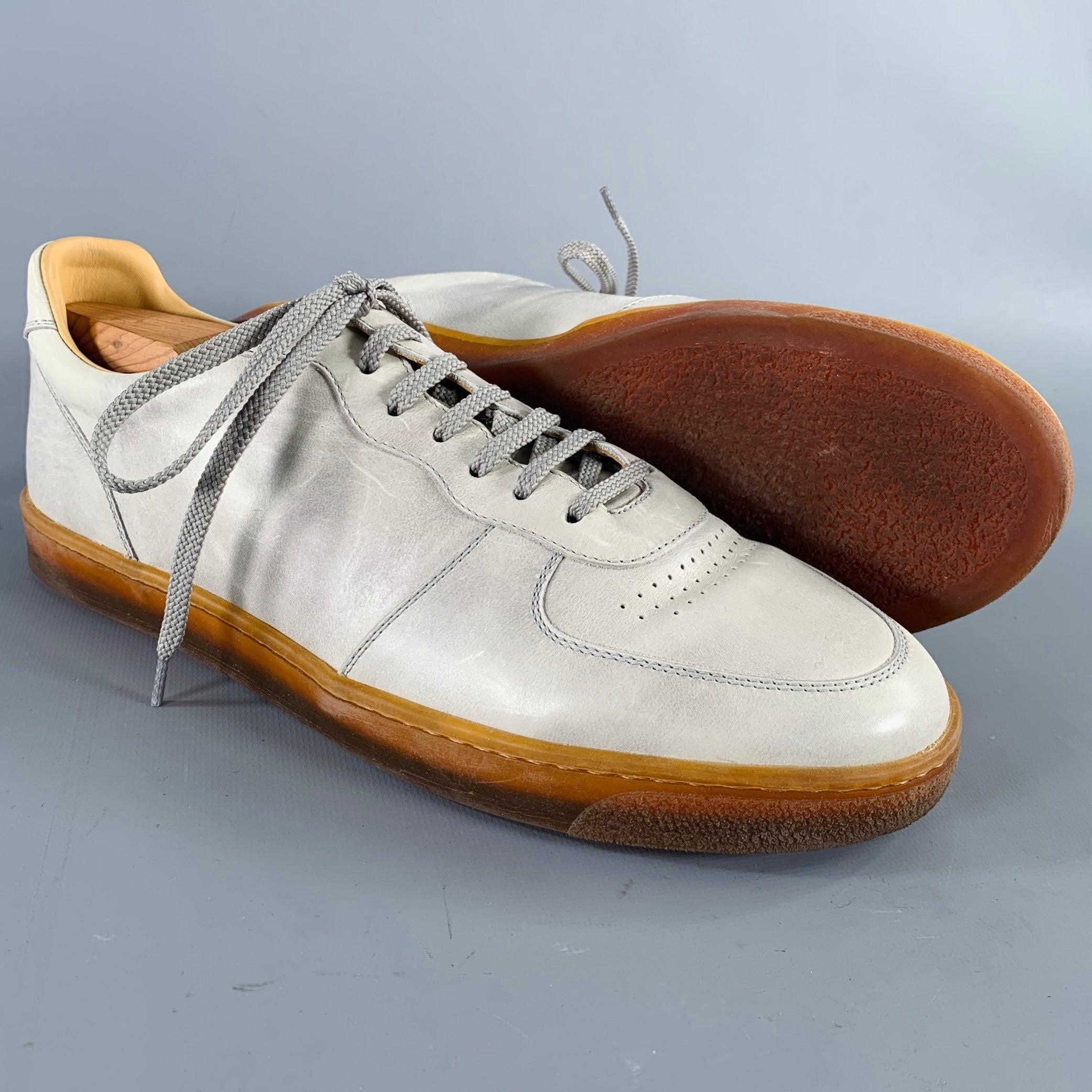 Men's BRUNELLO CUCINELLI Size 10 Grey Tan Leather Lace-Up Sneakers For Sale