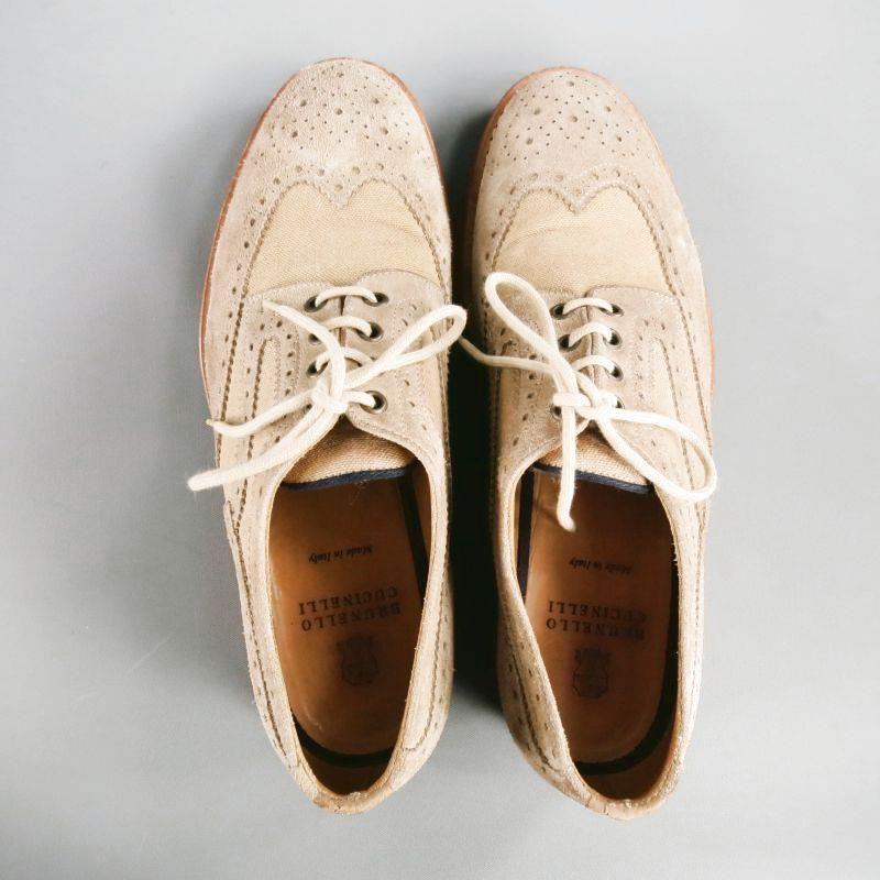 Beige BRUNELLO CUCINELLI Size 10 Taupe Perforated Canvas Wingtip Lace Up Shoe