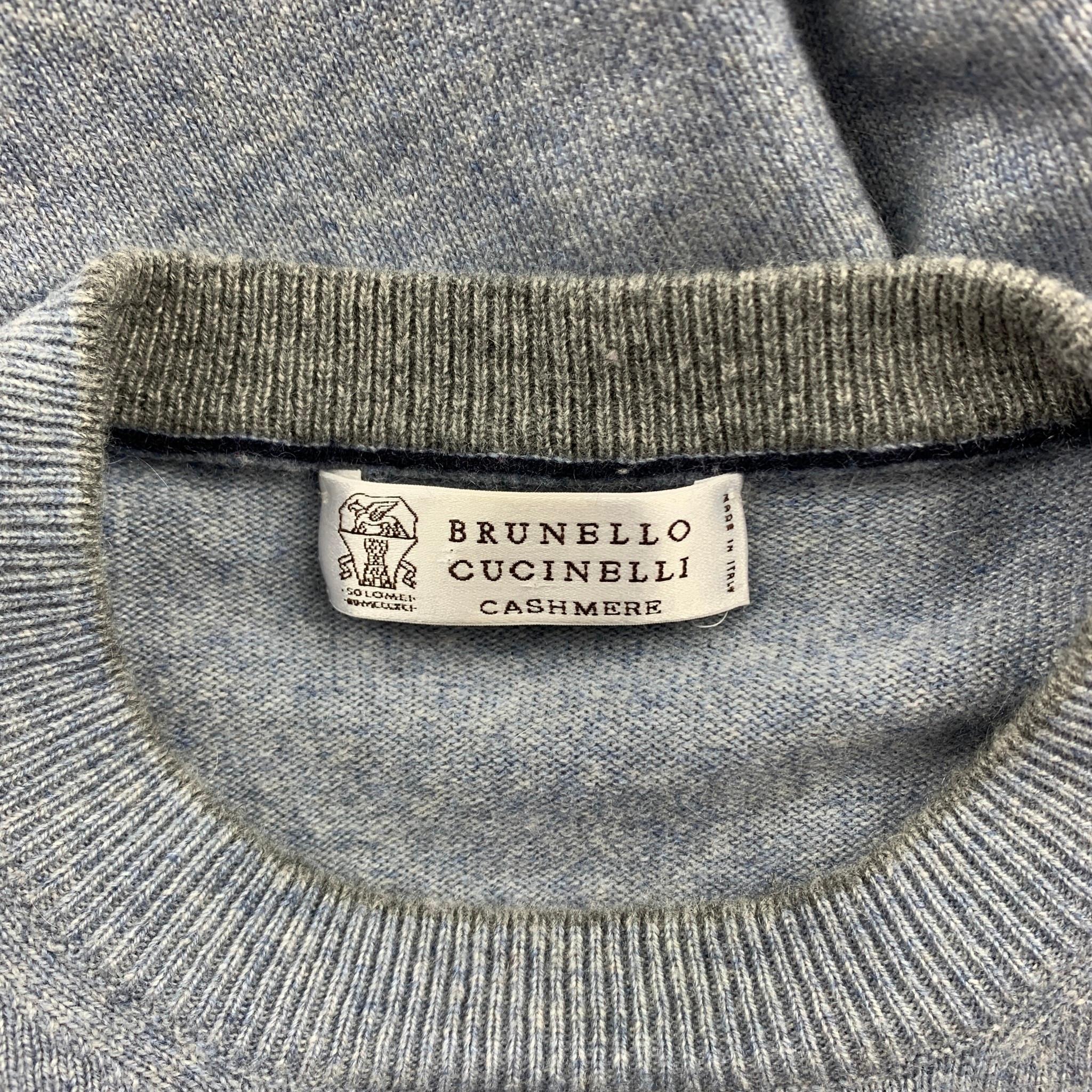 Gray BRUNELLO CUCINELLI Size 14 Blue Cashmere Suede Crew-Neck Sweater