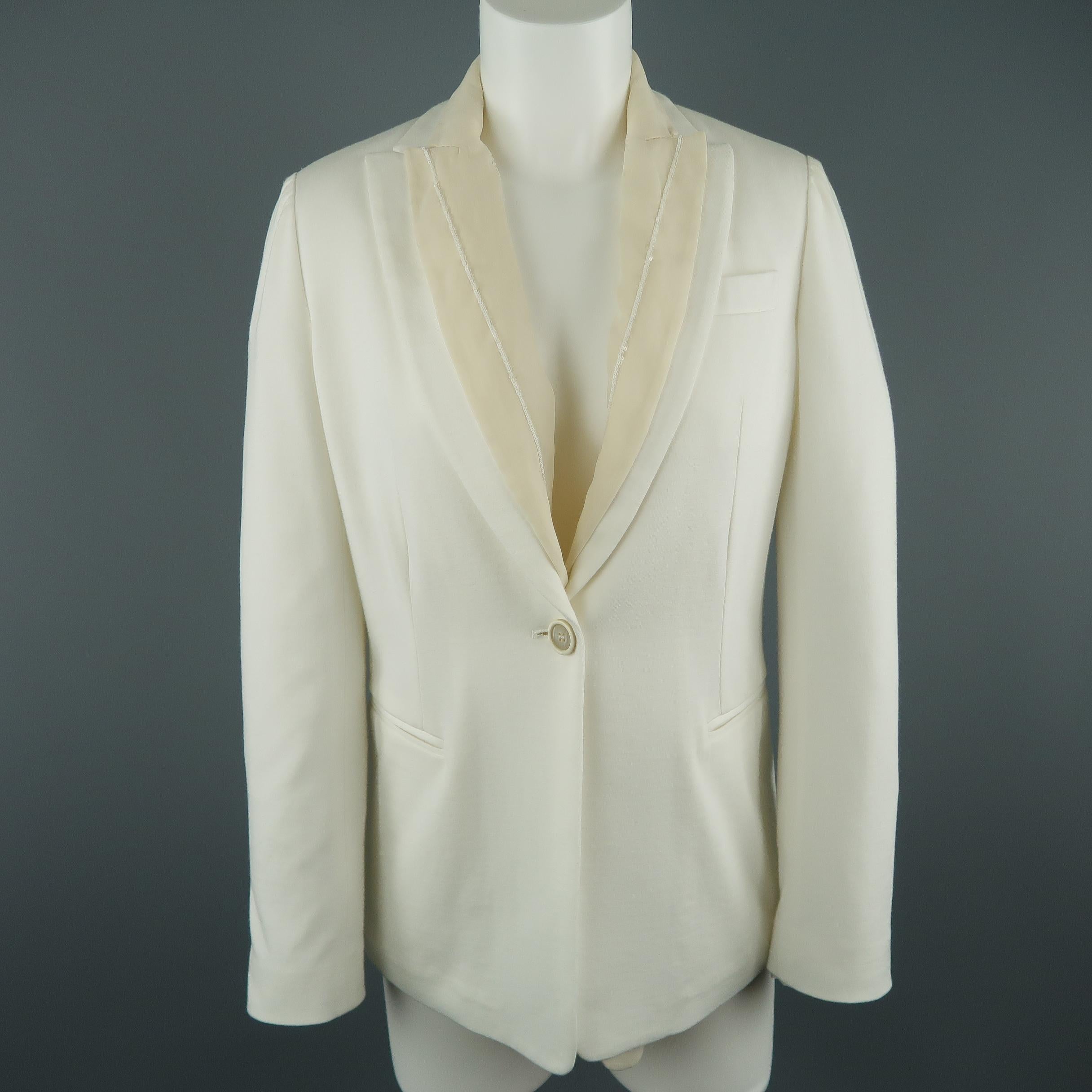 Gray BRUNELLO CUCINELLI Size 2 White Jersey Beige Sequin Chiffon Double Lapel Jacket