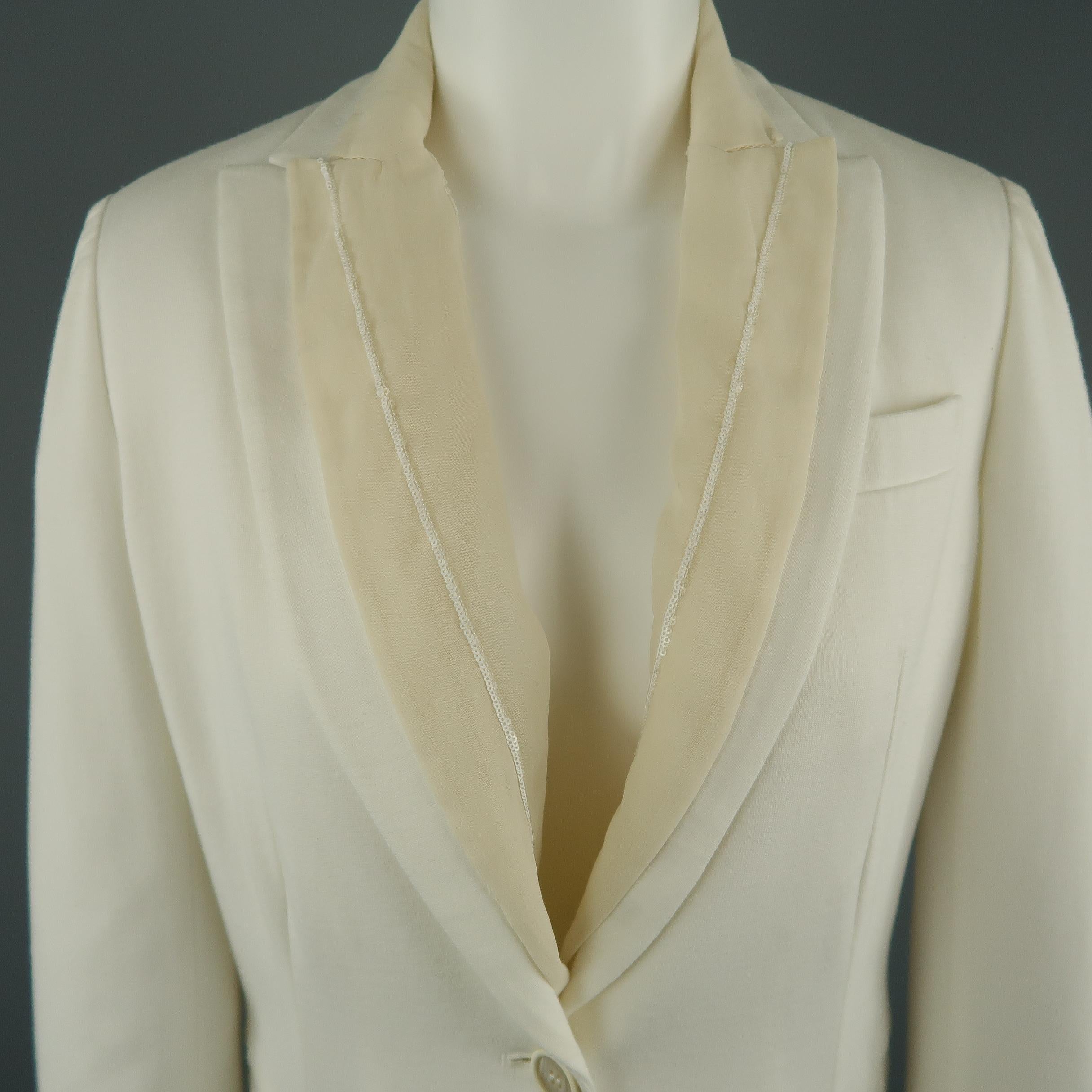 BRUNELLO CUCINELLI Size 2 White Jersey Beige Sequin Chiffon Double Lapel Jacket In Excellent Condition In San Francisco, CA