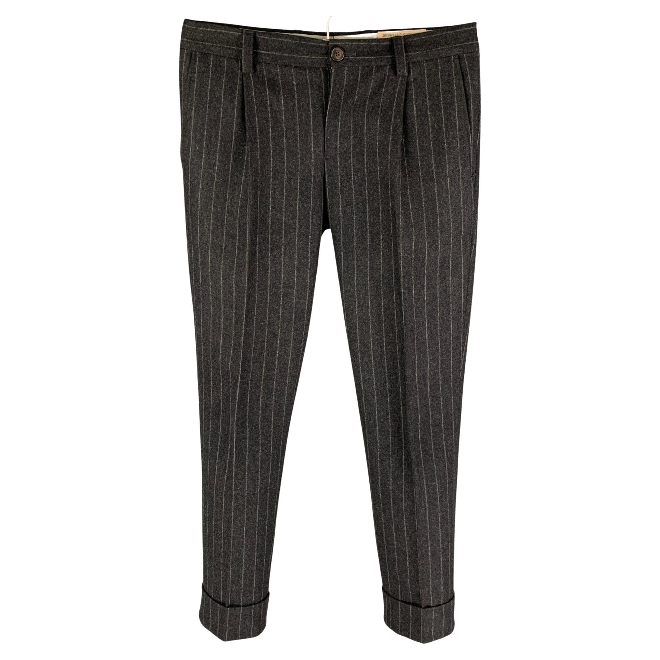 BRUNELLO CUCINELLI Size 32 Dark Gray Stripe Wool Dress Pants at 1stDibs