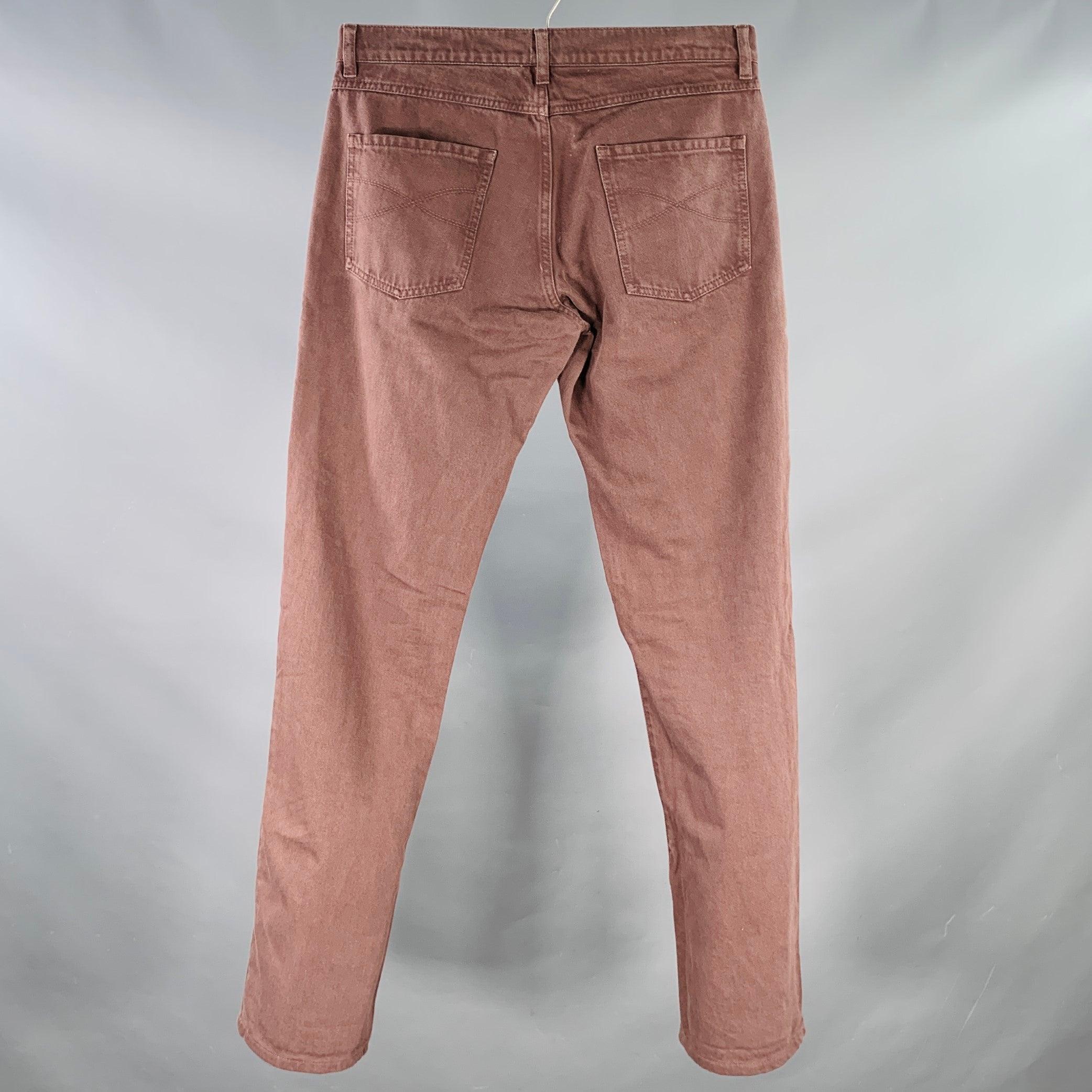 BRUNELLO CUCINELLI Size 32 Brown Twill Cotton Straight Five Pockets Jeans In Good Condition For Sale In San Francisco, CA