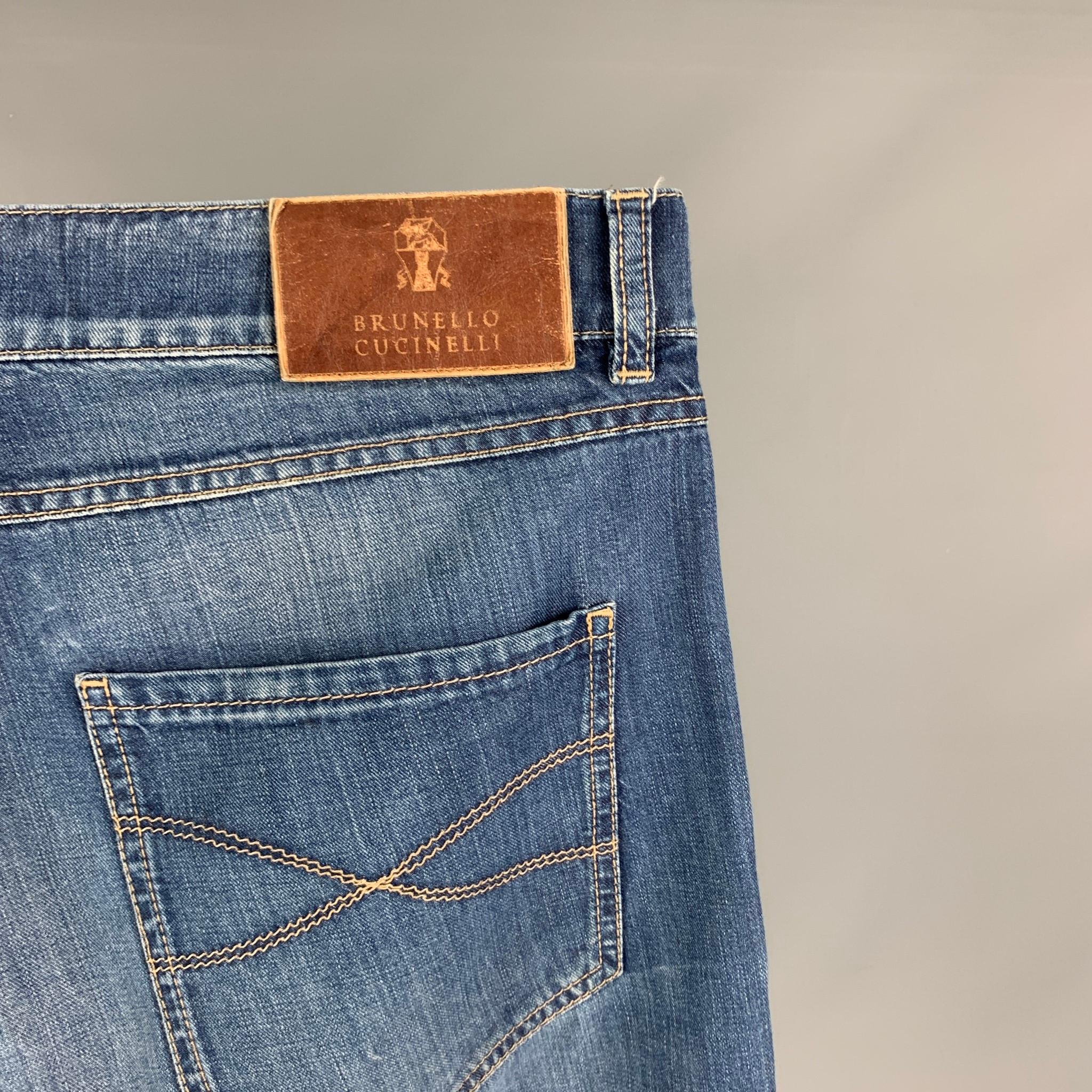 BRUNELLO CUCINELLI Size 34 Blue Washed Cotton Button Fly Jeans In Good Condition In San Francisco, CA