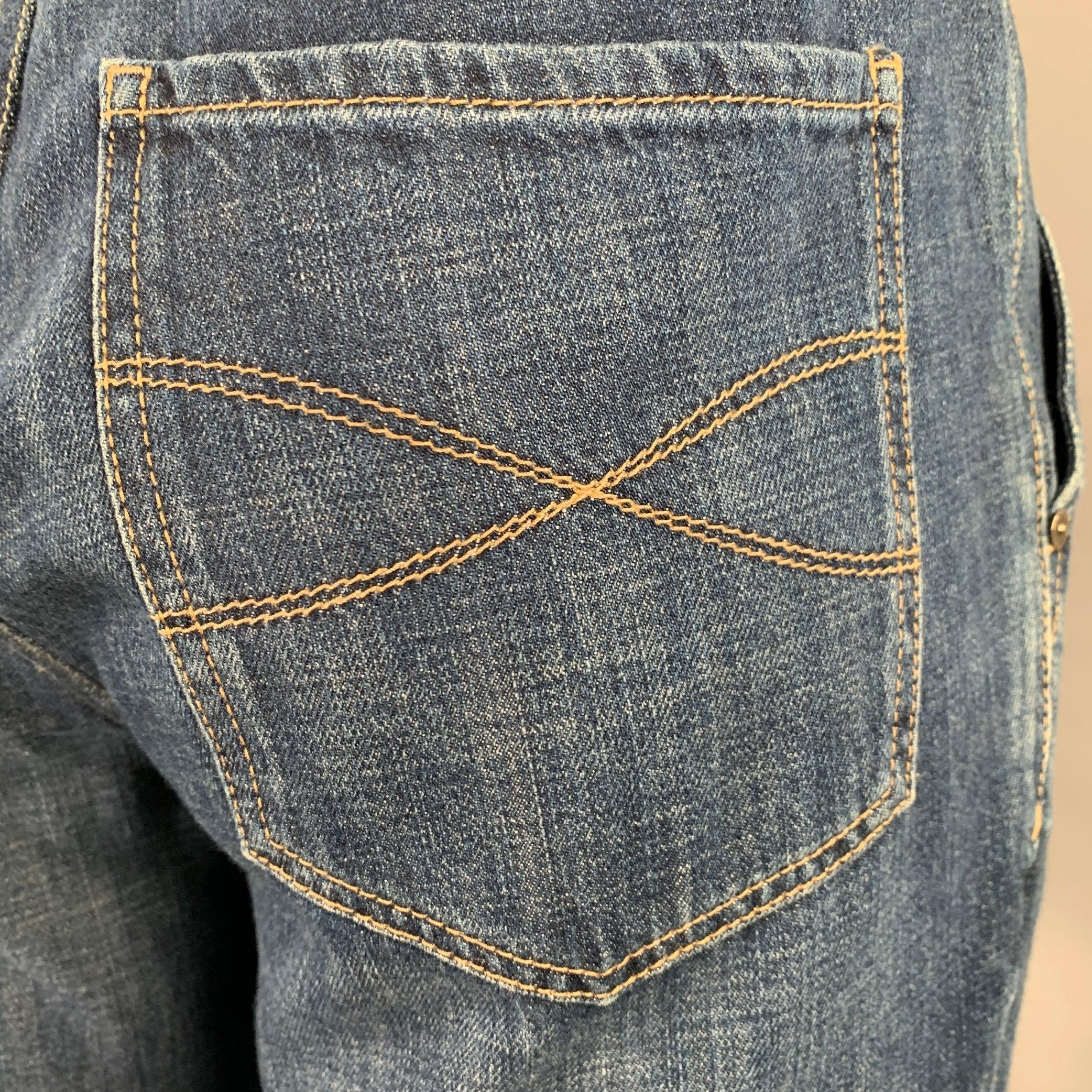 BRUNELLO CUCINELLI Size 35 Indigo Contrast Stitch Denim Straight Jeans In Good Condition For Sale In San Francisco, CA