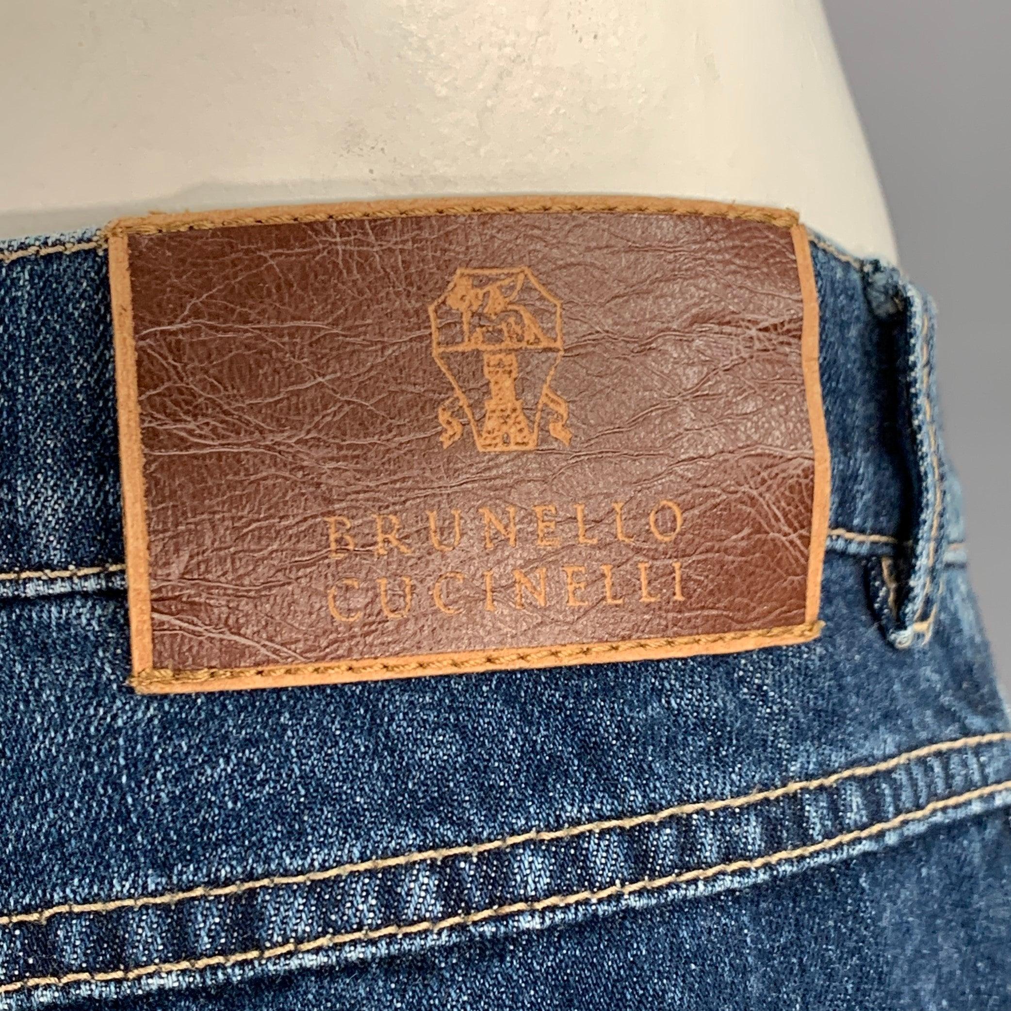 Men's BRUNELLO CUCINELLI Size 35 Indigo Contrast Stitch Denim Straight Jeans For Sale