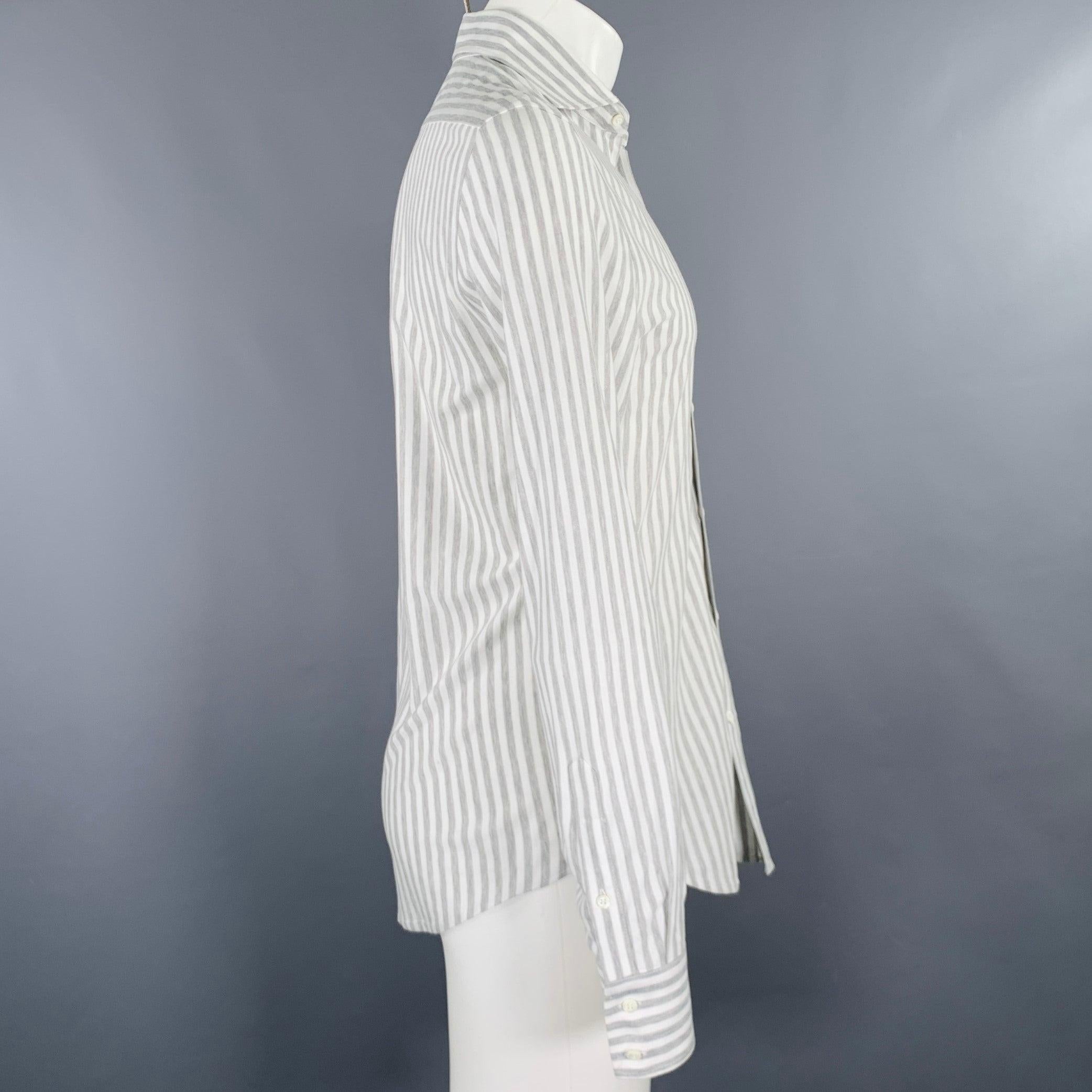 BRUNELLO CUCINELLI long sleeve shirt in a white and grey fabric featuring a vertical stripe pattern, basic fit, cutaway collar, and button closure. Made in Italy.Excellent Pre-Owned Condition. 

Marked:   IT 46. Fabric tag removed. 

Measurements: 
