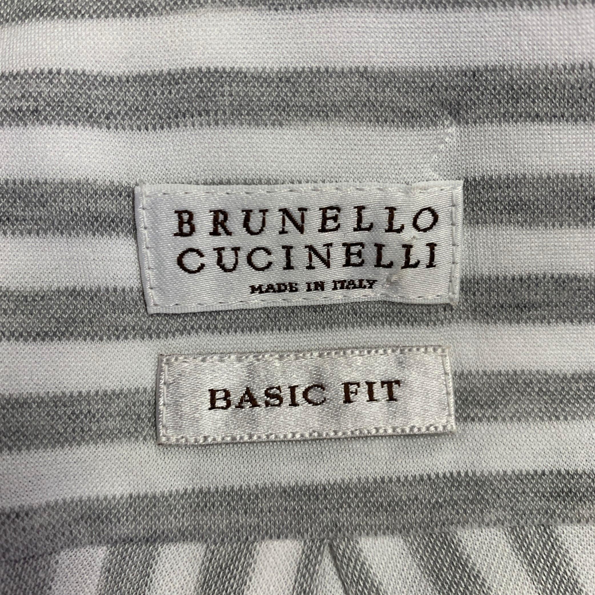 BRUNELLO CUCINELLI Size 36 White Grey Stripe Long Sleeve Shirt In Excellent Condition For Sale In San Francisco, CA