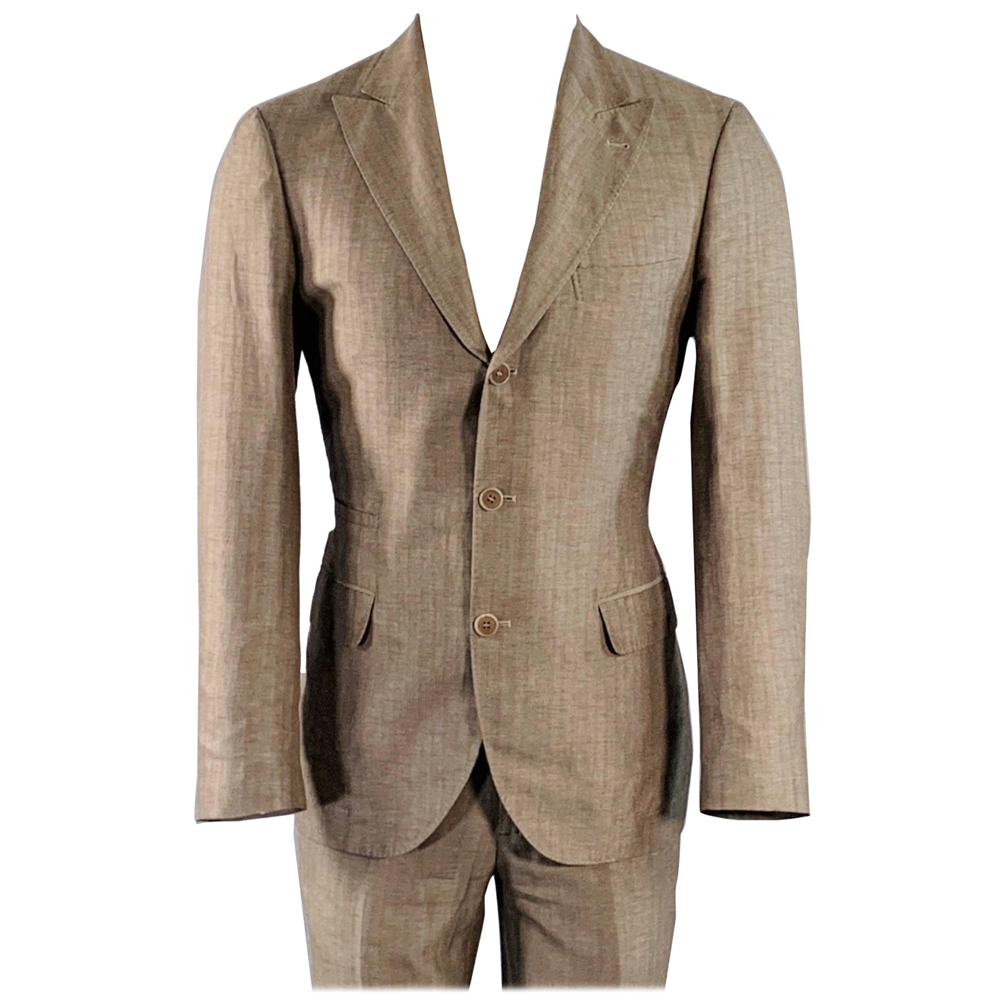 BRUNELLO CUCINELLI Size 38 Brown Herringbone Linen Wool Silk Peak Lapel Suit For Sale