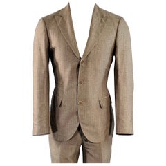 BRUNELLO CUCINELLI Size 38 Brown Herringbone Linen Wool Silk Peak Lapel Suit
