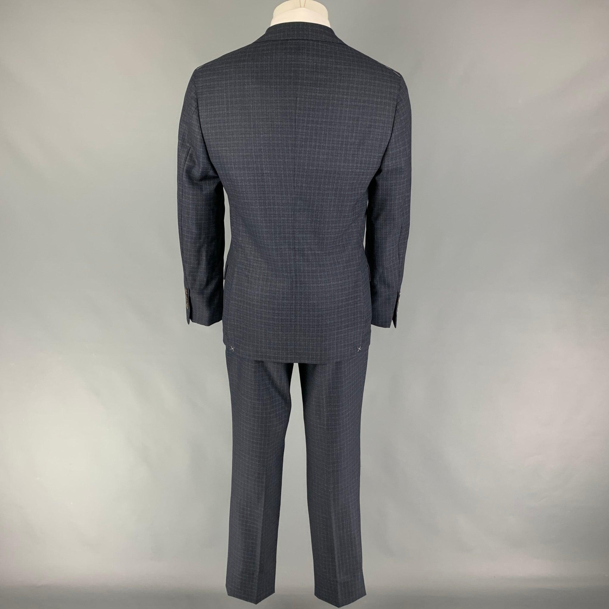 BRUNELLO CUCINELLI Size 38 Navy Mouline Check Lana Wool Suit In Good Condition For Sale In San Francisco, CA