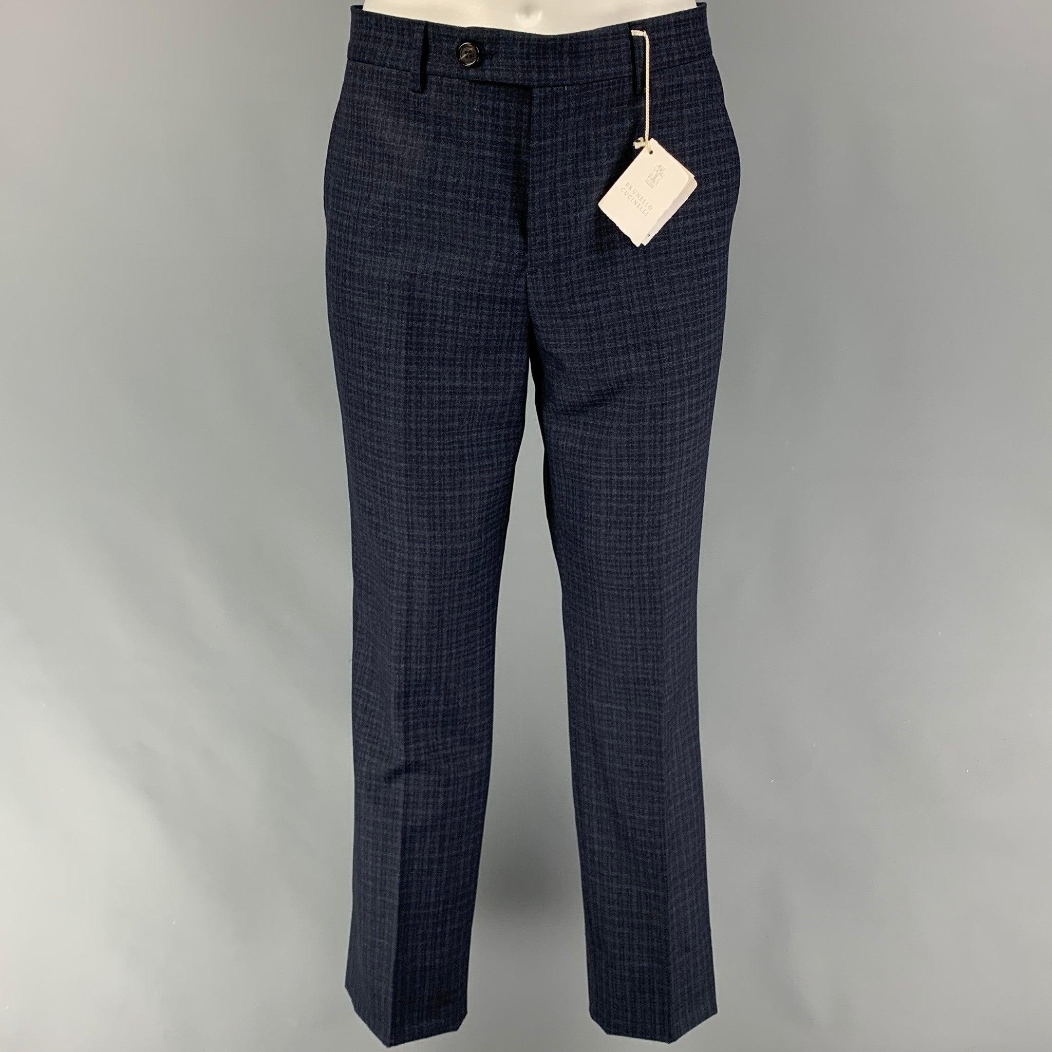 BRUNELLO CUCINELLI Size 38 Navy Mouline Check Lana Wool Suit For Sale 1