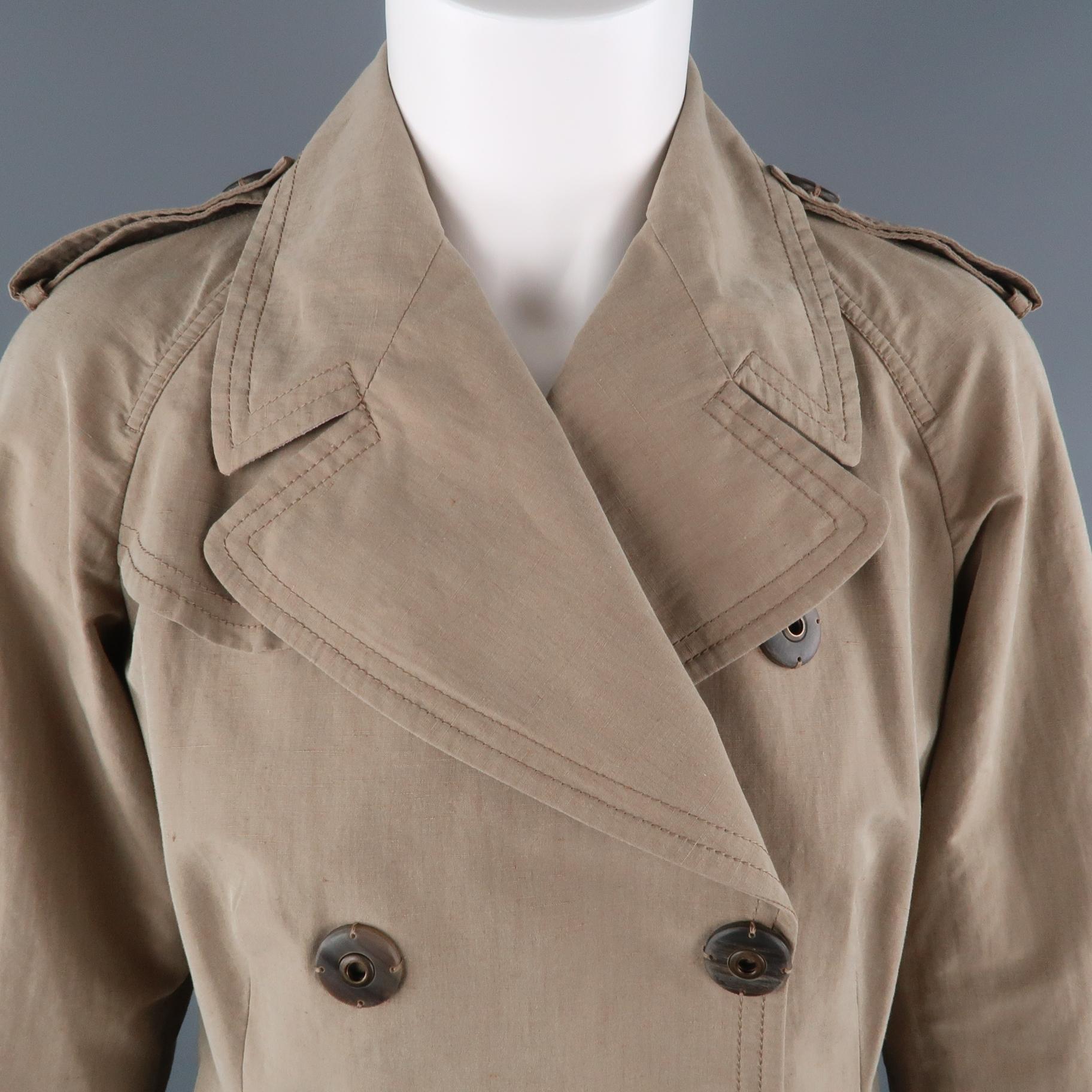 BRUNELLO CUCINELLI cropped trench style jacket comes in khaki cotton with a doable breasted snap closure with mock buttons wide raglan sleeves with rolled snap detail, storm flap, pointed lapel, epaulets, and high low A line silhouette. Made in