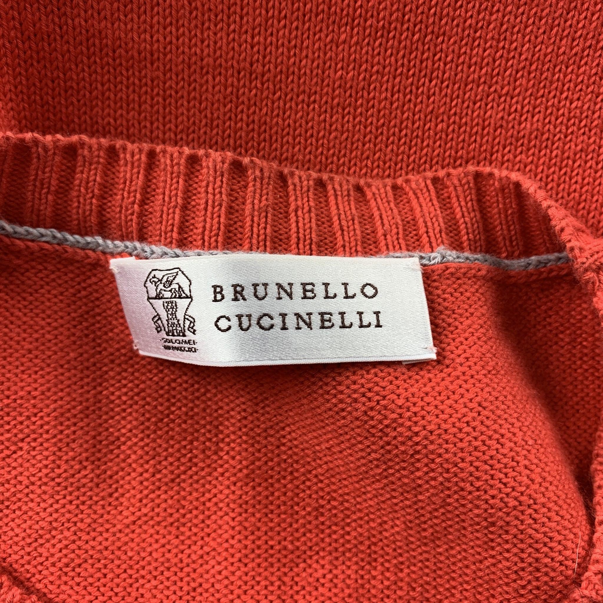 Men's BRUNELLO CUCINELLI Size 44 Orange Knitted Cotton Crew-Neck Pullover For Sale