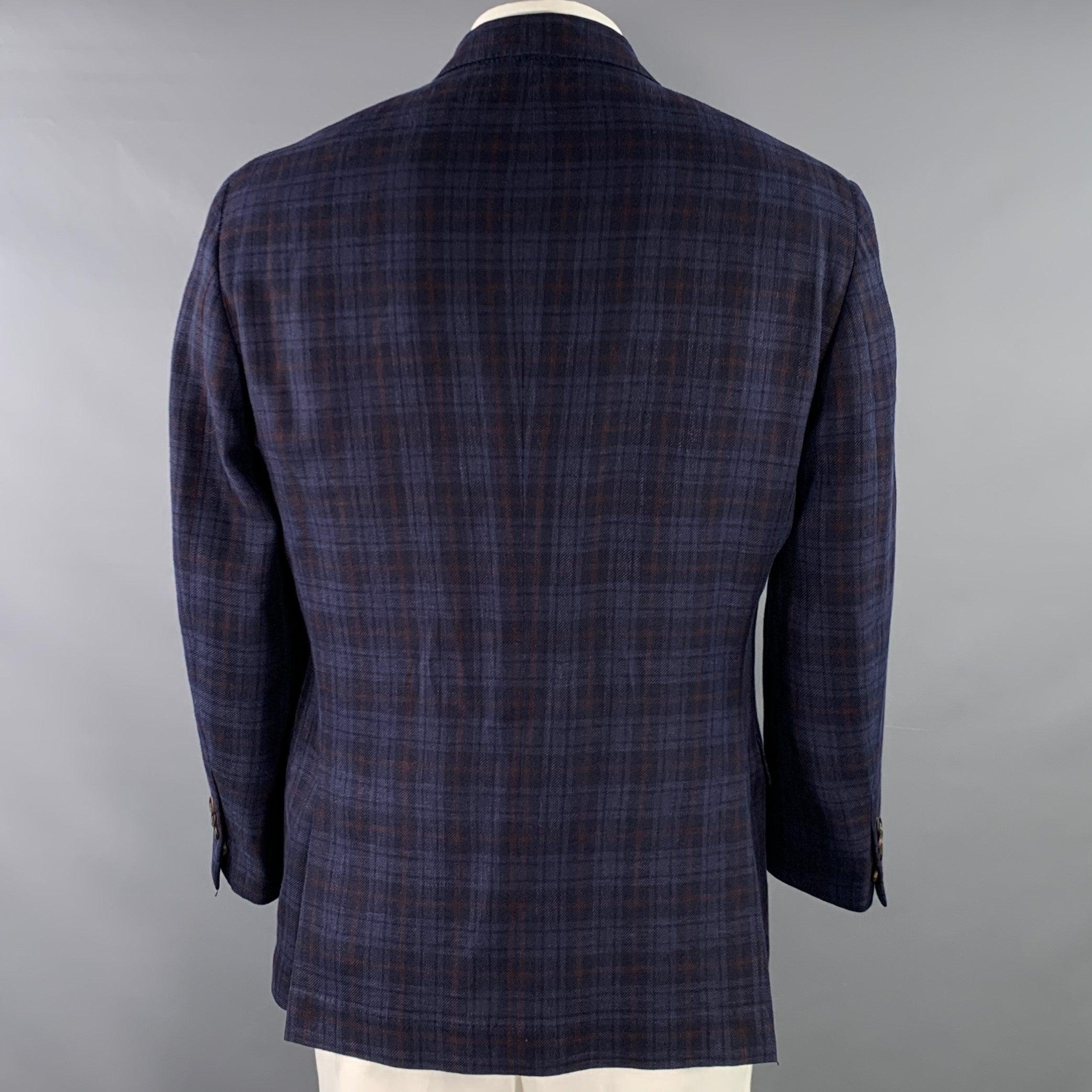 Black BRUNELLO CUCINELLI Size 46 Navy Brown Plaid Linen Blend Sport Coat For Sale