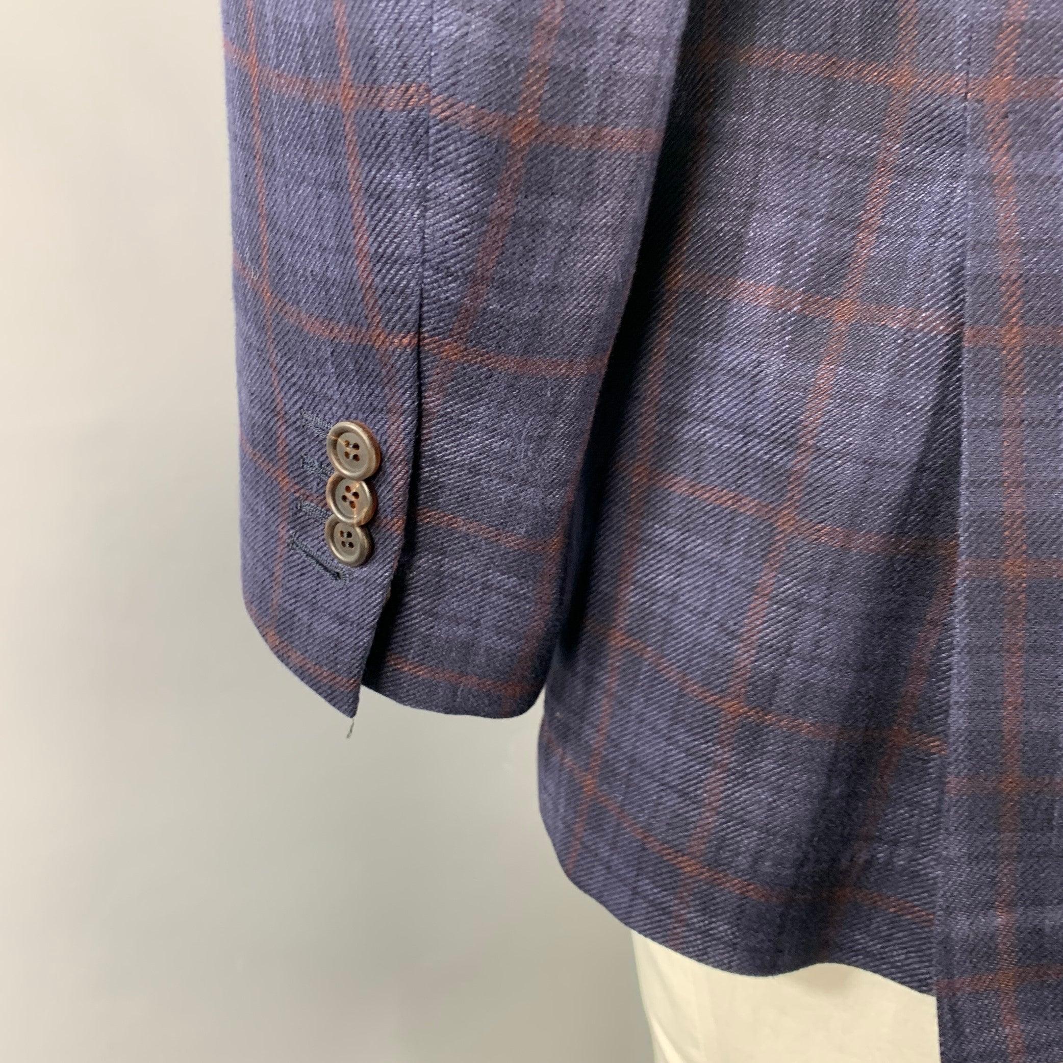 BRUNELLO CUCINELLI Size 46 Navy Brown Plaid Linen Blend Sport Coat In Excellent Condition For Sale In San Francisco, CA