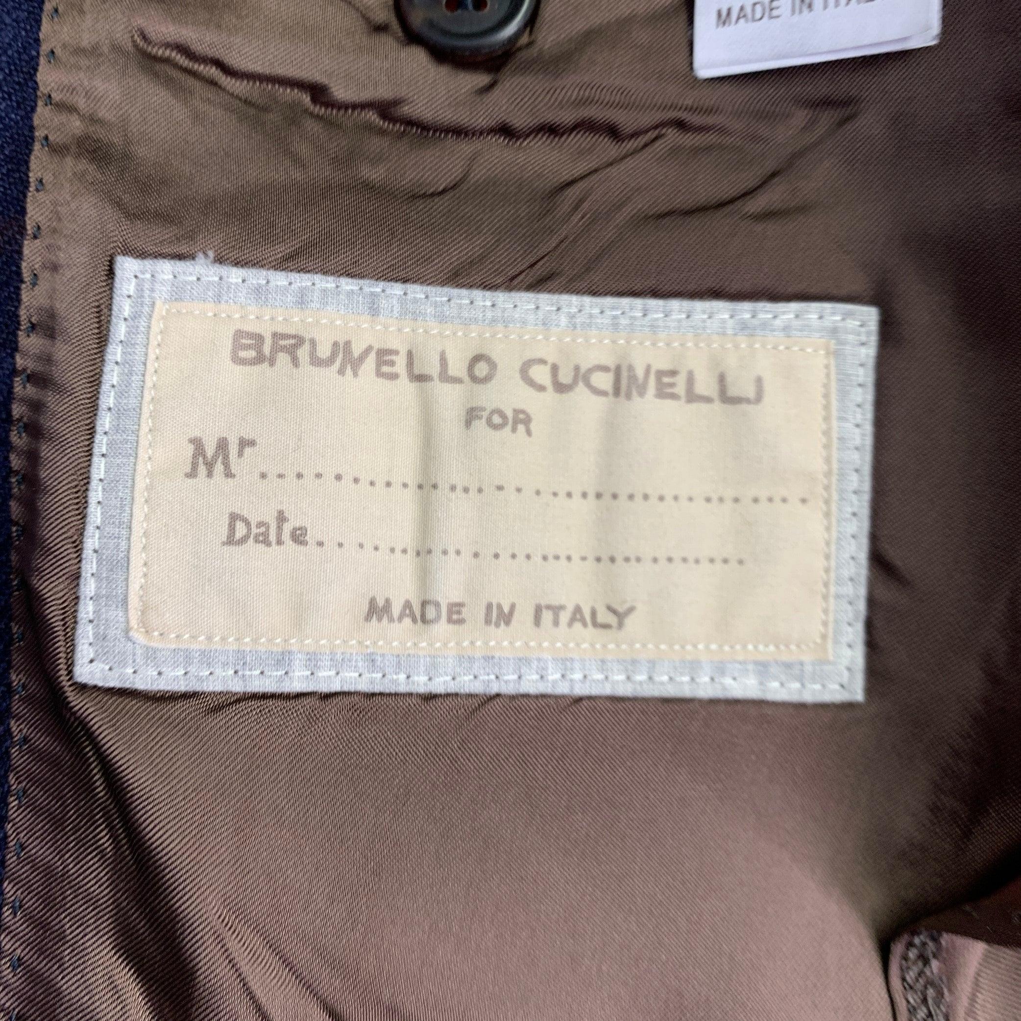 Men's BRUNELLO CUCINELLI Size 46 Navy Brown Plaid Linen Blend Sport Coat For Sale