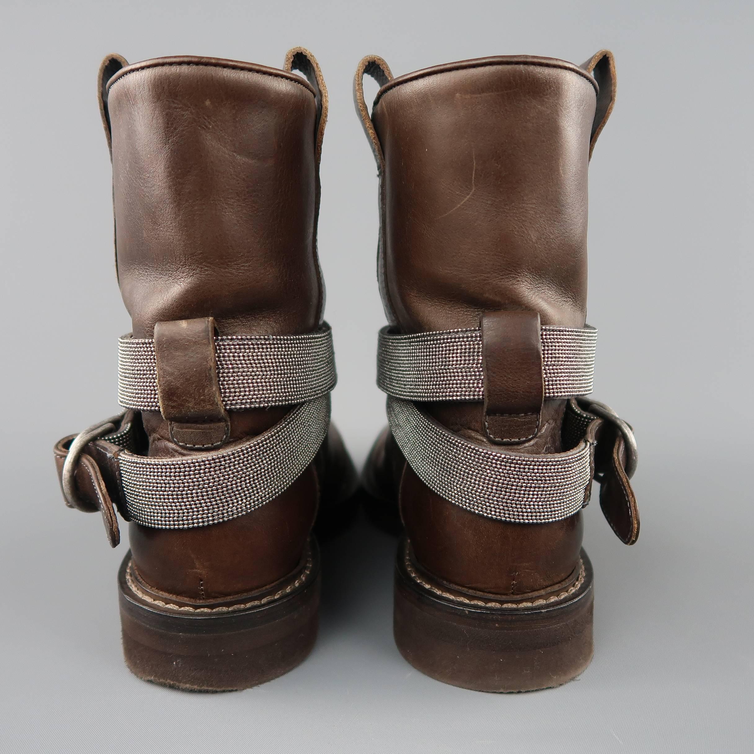 BRUNELLO CUCINELLI Size 6.5 Brown Leather Beaded Monili Strap Biker Boots In Fair Condition In San Francisco, CA