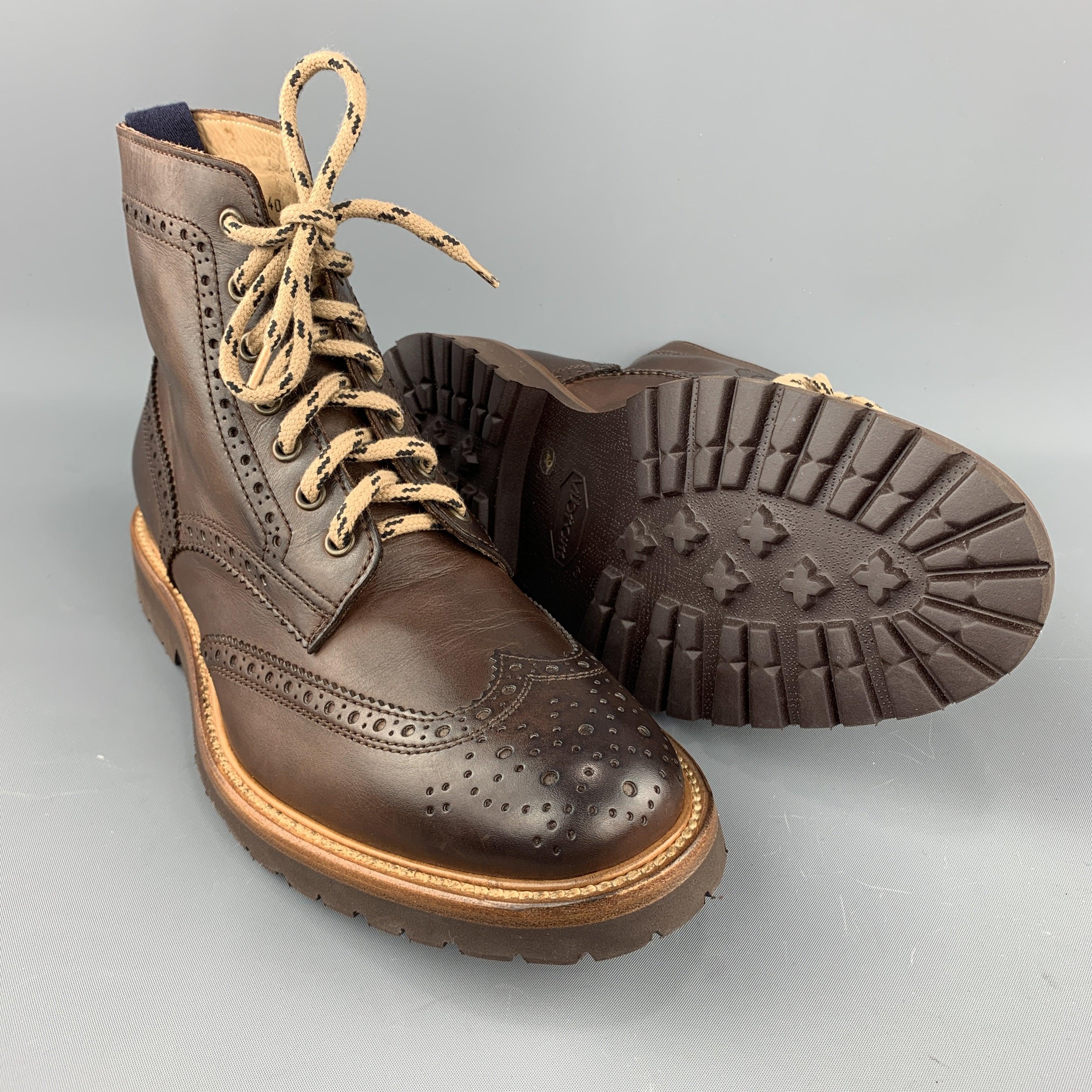 BRUNELLO CUCINELLI Size 7 Brown Perforated Leather Lace Up Boots In Good Condition For Sale In San Francisco, CA