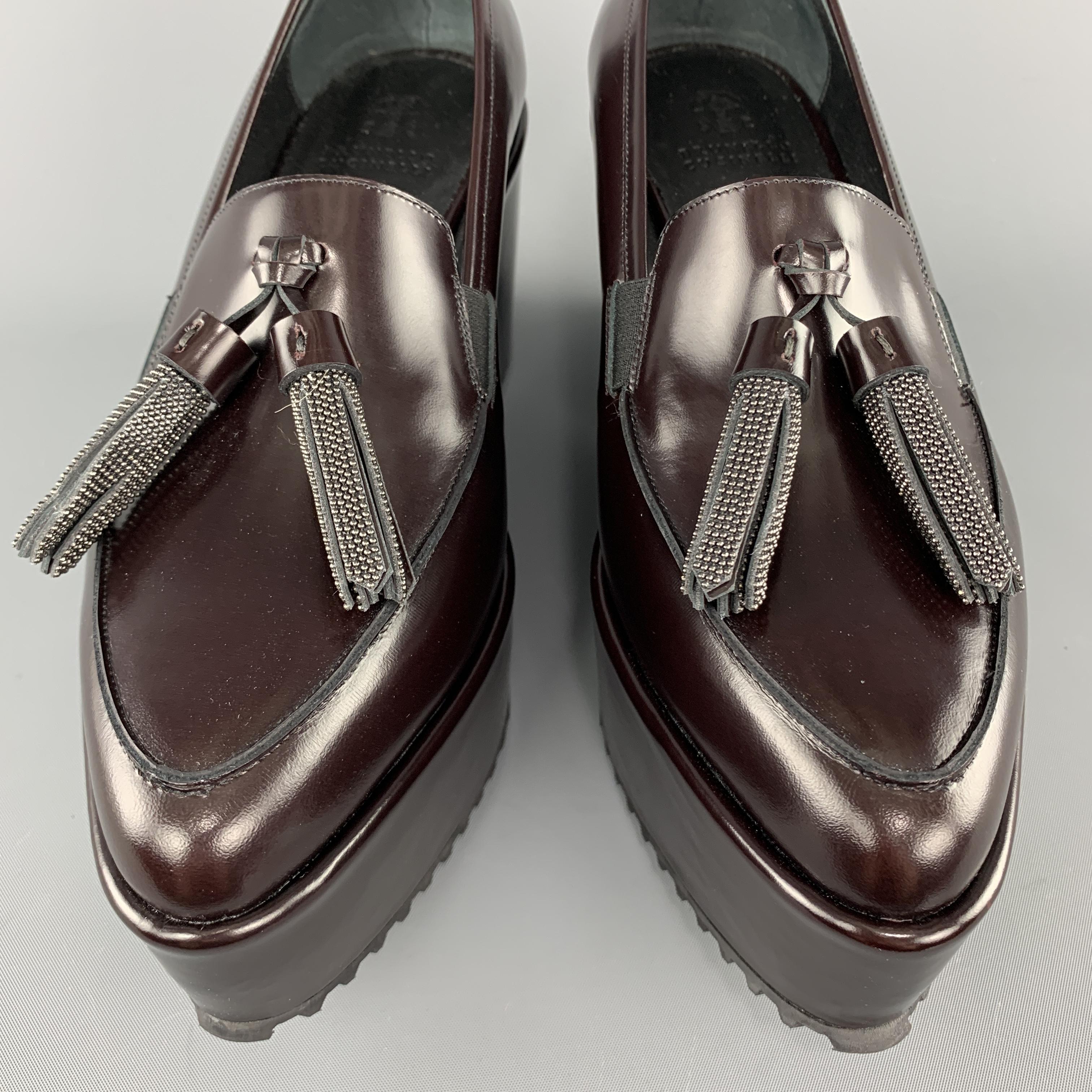 Black BRUNELLO CUCINELLI Size 8 Burgundy Leather Platform Wedge Tassell Loafers