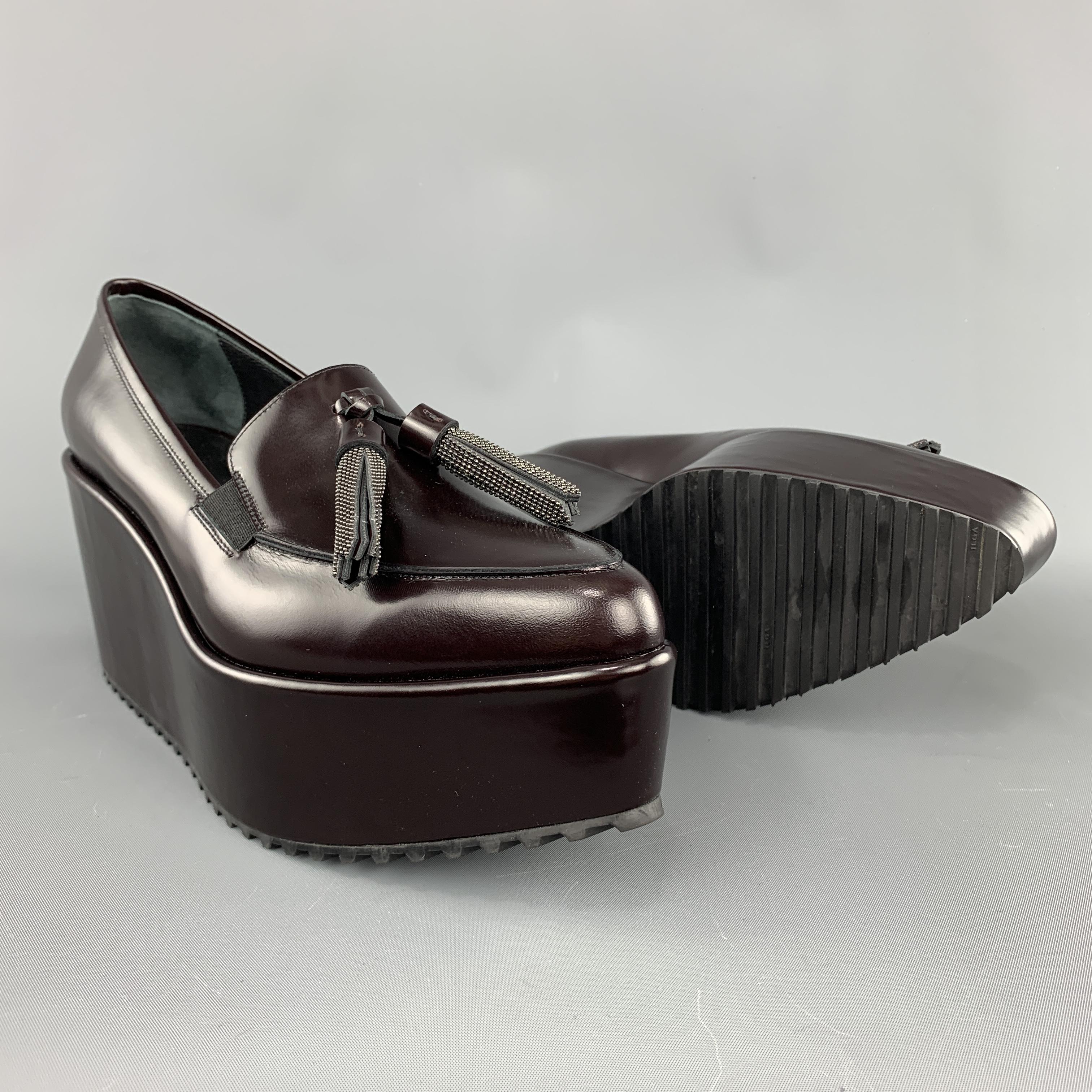 BRUNELLO CUCINELLI Size 8 Burgundy Leather Platform Wedge Tassell Loafers In New Condition In San Francisco, CA