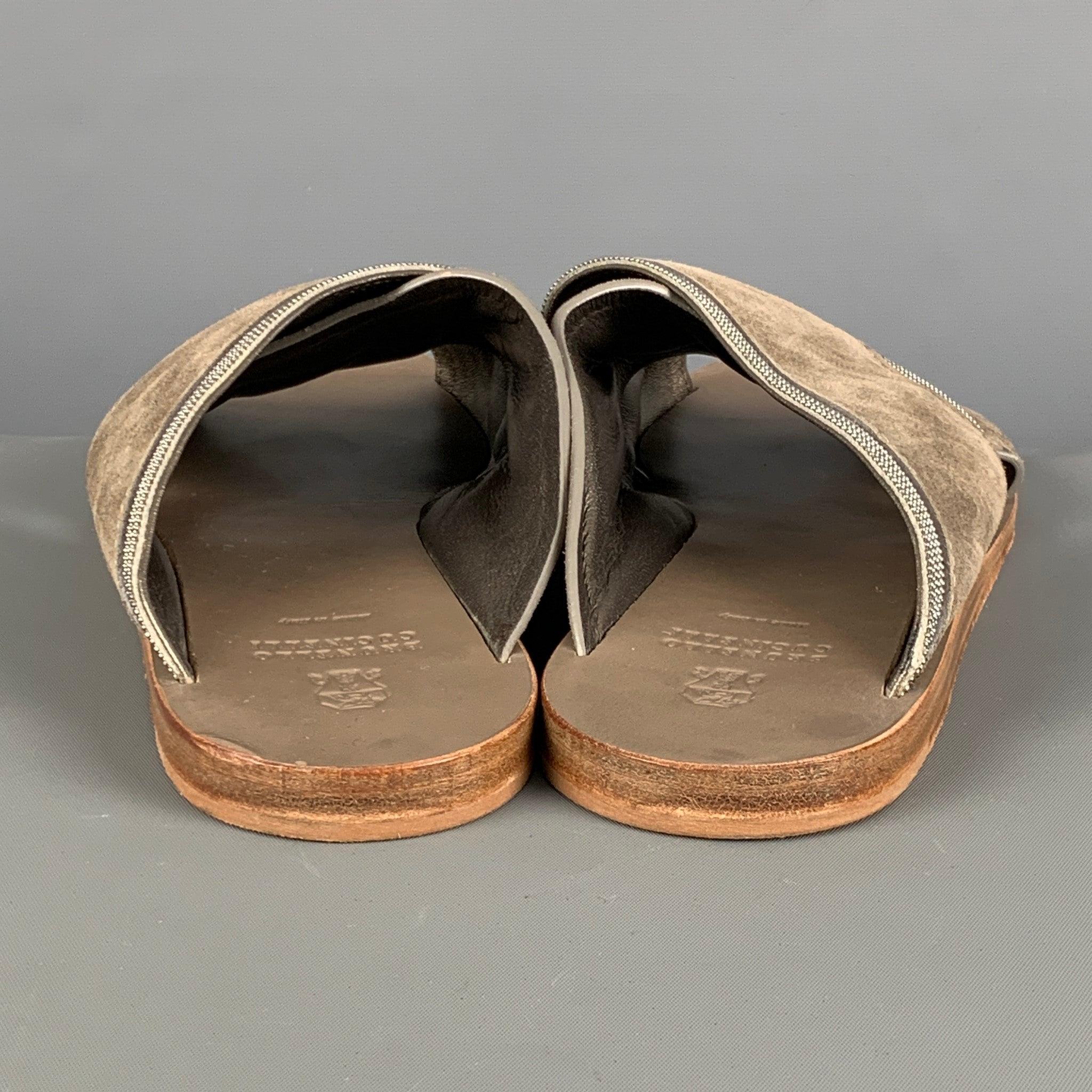 BRUNELLO CUCINELLI Size 8 Grey Sage Suede Slip On Sandals In Good Condition For Sale In San Francisco, CA