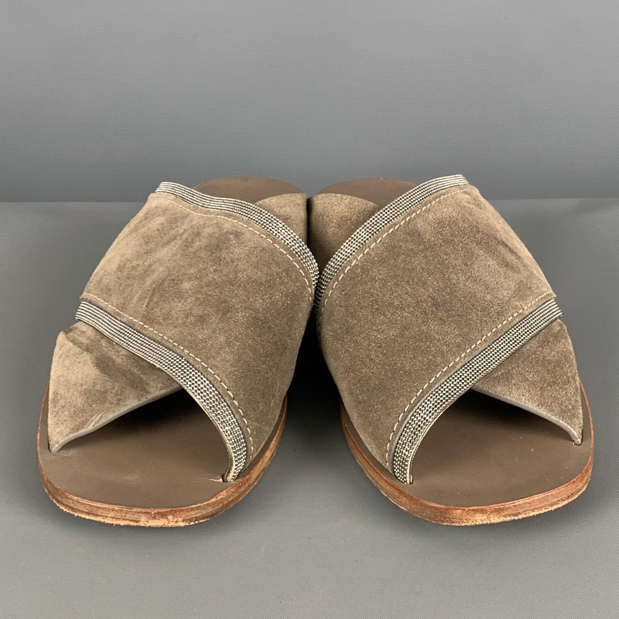 Women's BRUNELLO CUCINELLI Size 8 Grey Sage Suede Slip On Sandals For Sale