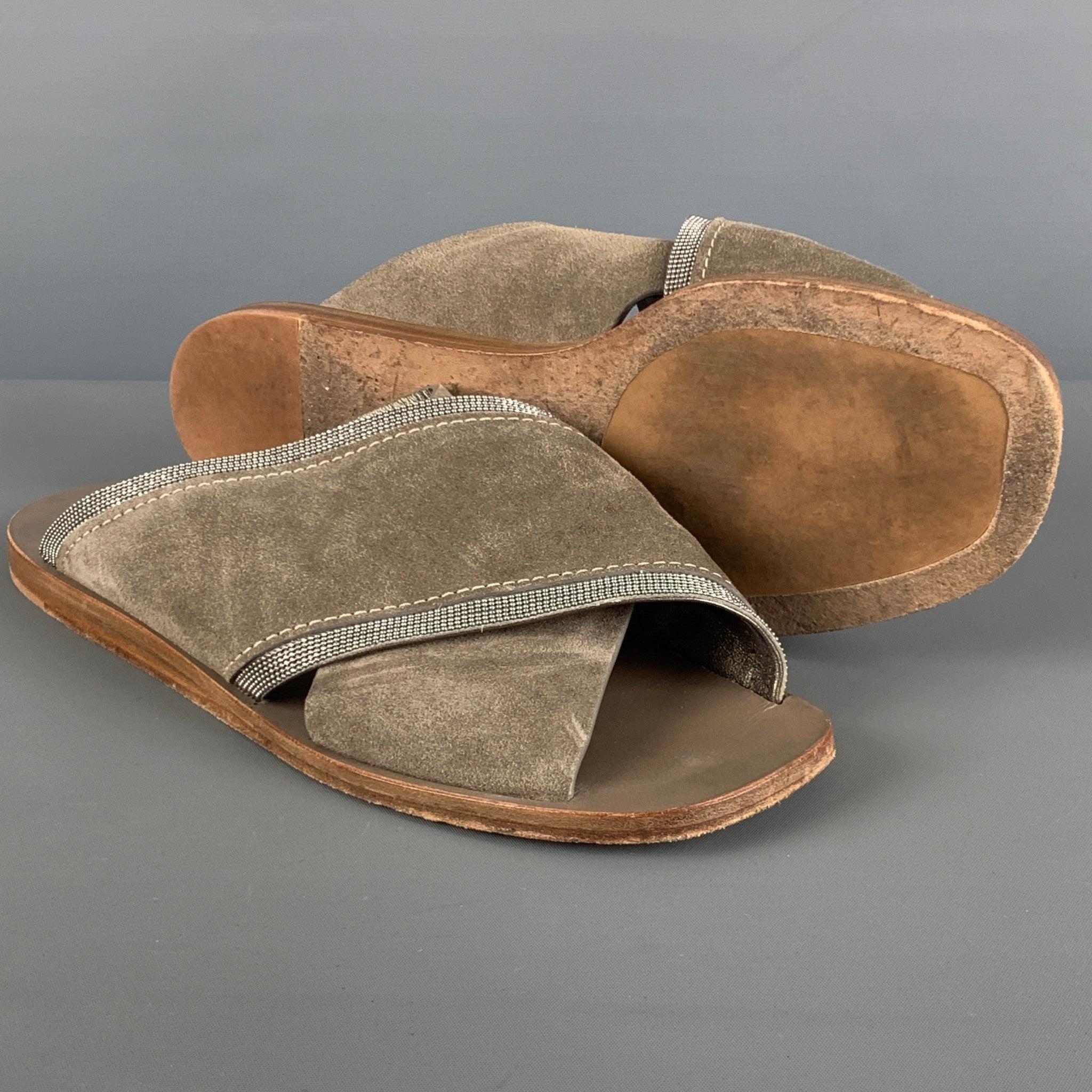 BRUNELLO CUCINELLI Size 8 Grey Sage Suede Slip On Sandals For Sale 1