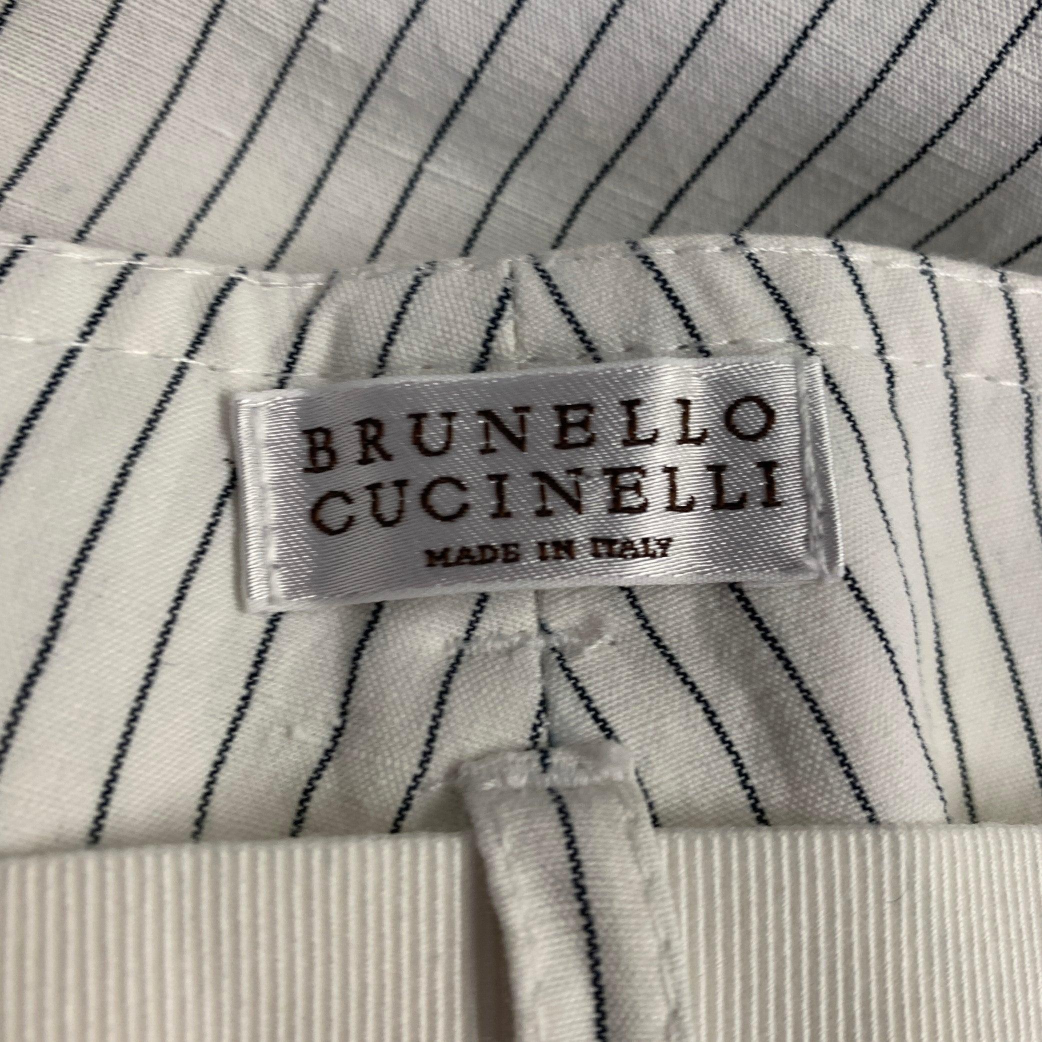 Brunello Cucinelli Size 8 White Black Cotton Linen Pinstripe Wide Leg Belted Shorts Excellent état - En vente à San Francisco, CA