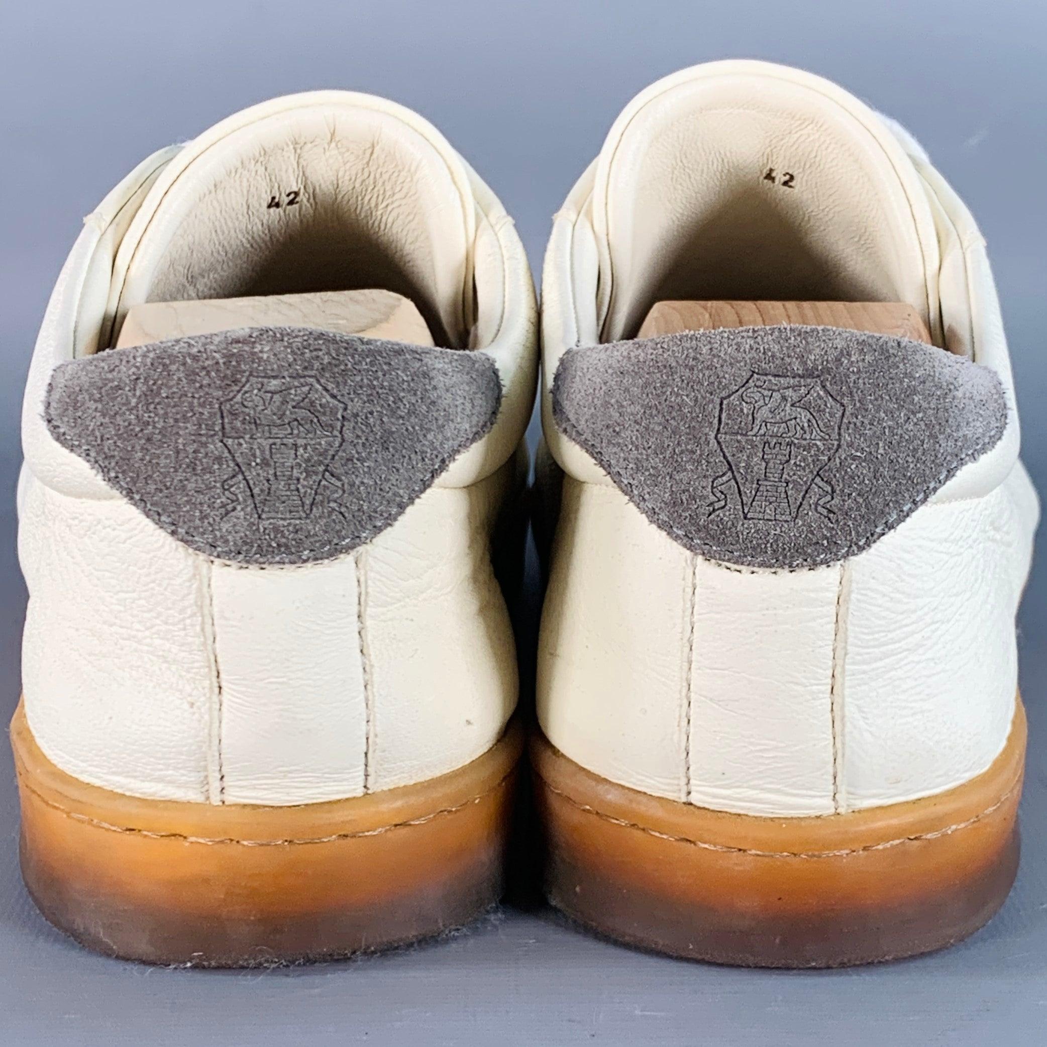 BRUNELLO CUCINELLI Größe 9 Off White Grau Leder Low Top Sneakers im Zustand „Gut“ im Angebot in San Francisco, CA